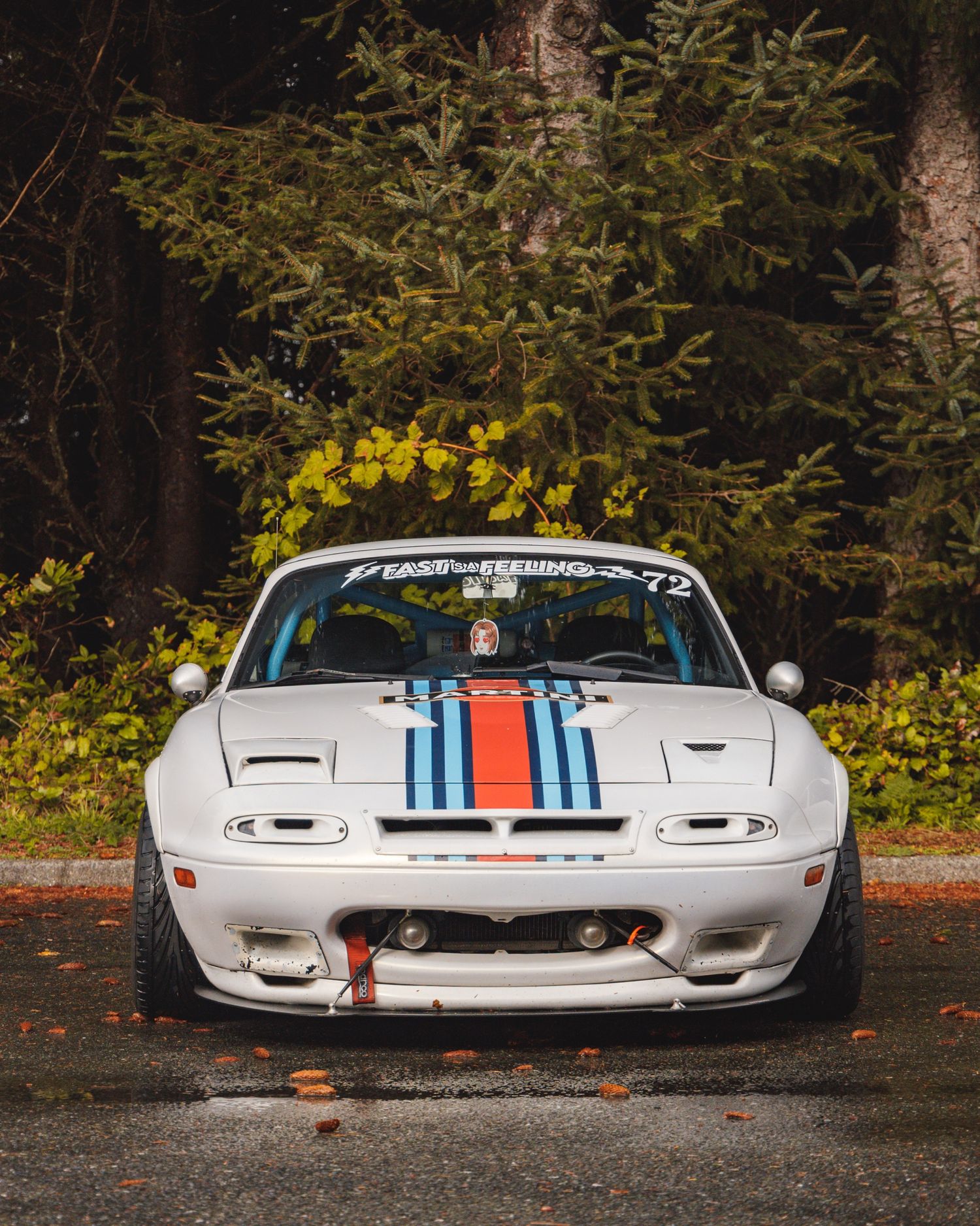 Front view of a white sports car with racing stripes parked among fall foliage.