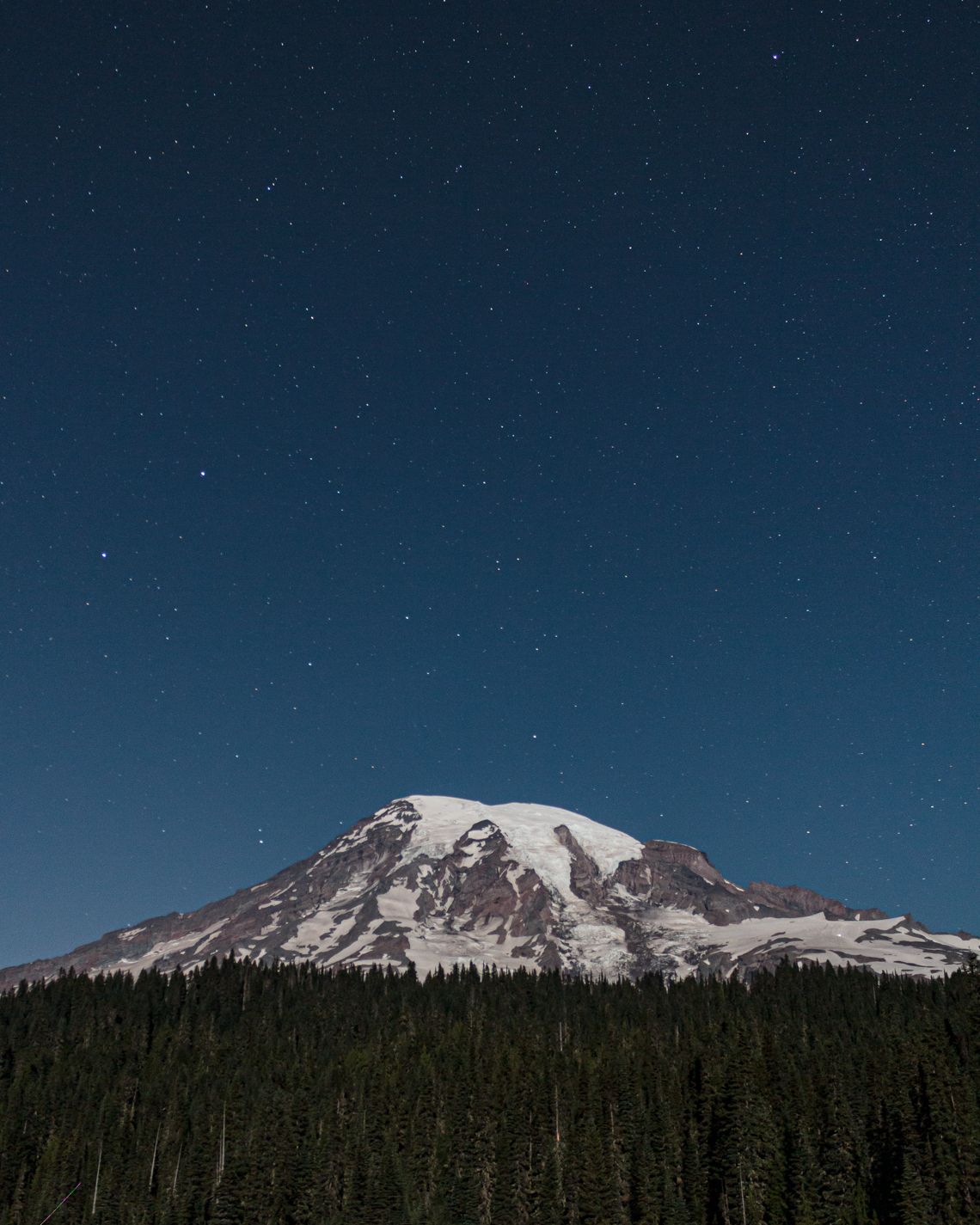 Snow-capped mountain peak under starry night sky with dark forest silhouette.