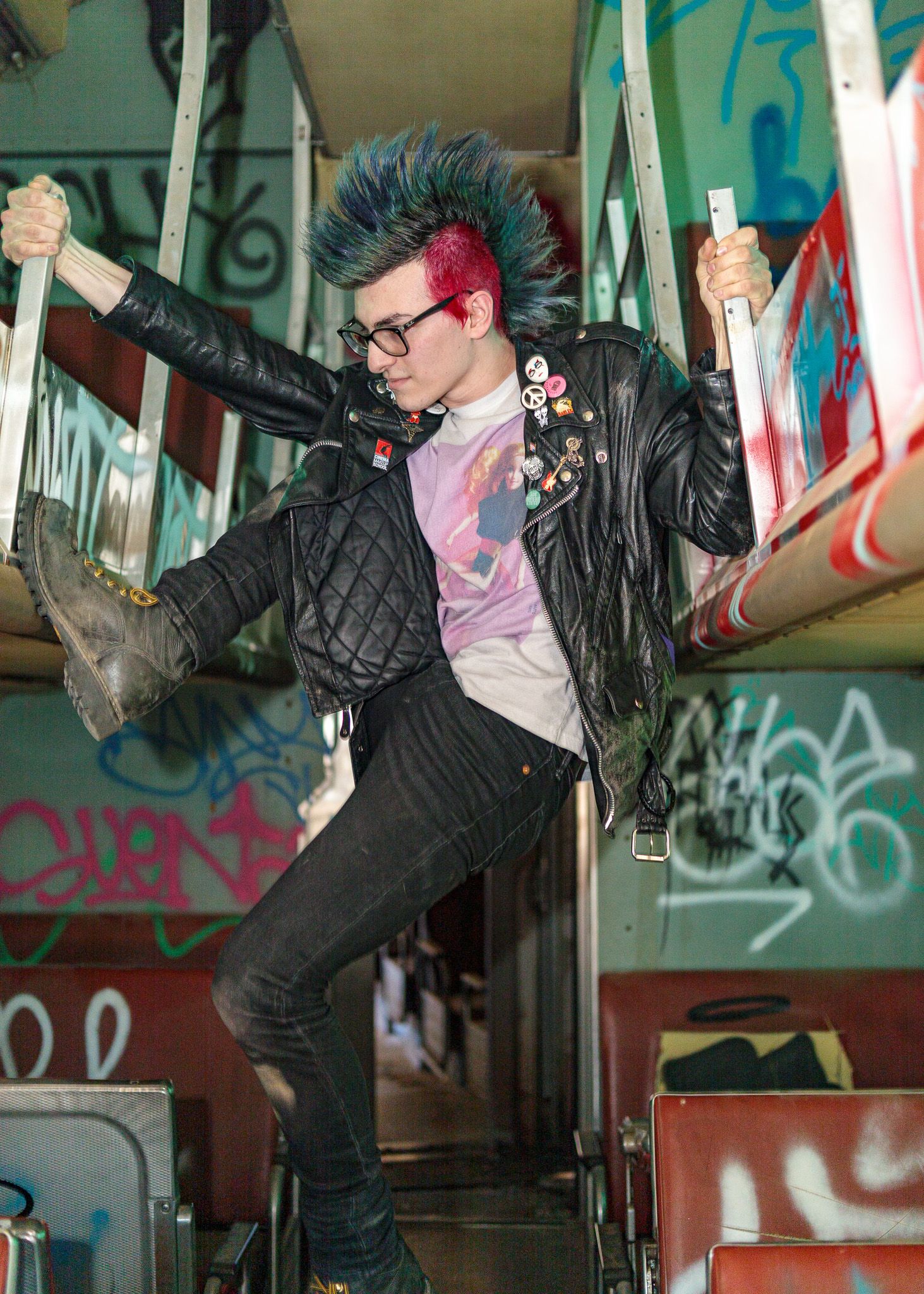 Dynamic action shots of a person in punk attire performing parkour moves in an urban setting.