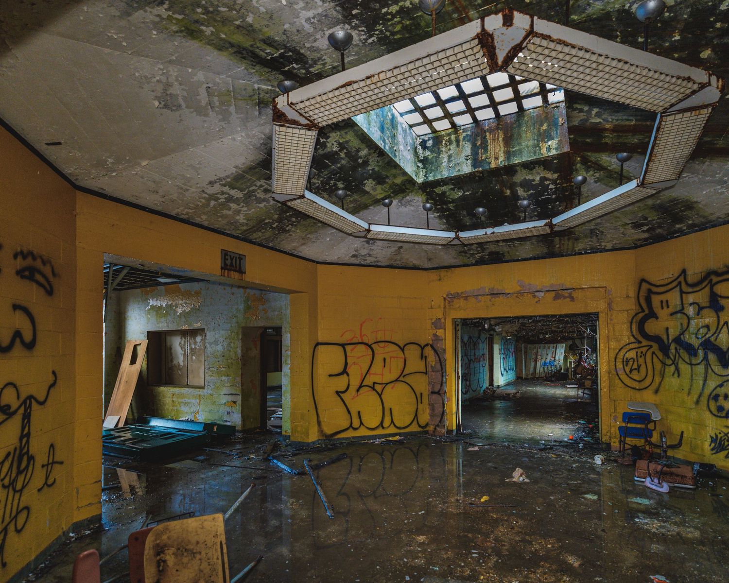 Panoramic view of a decaying yellow room with graffiti and a damaged skylight.