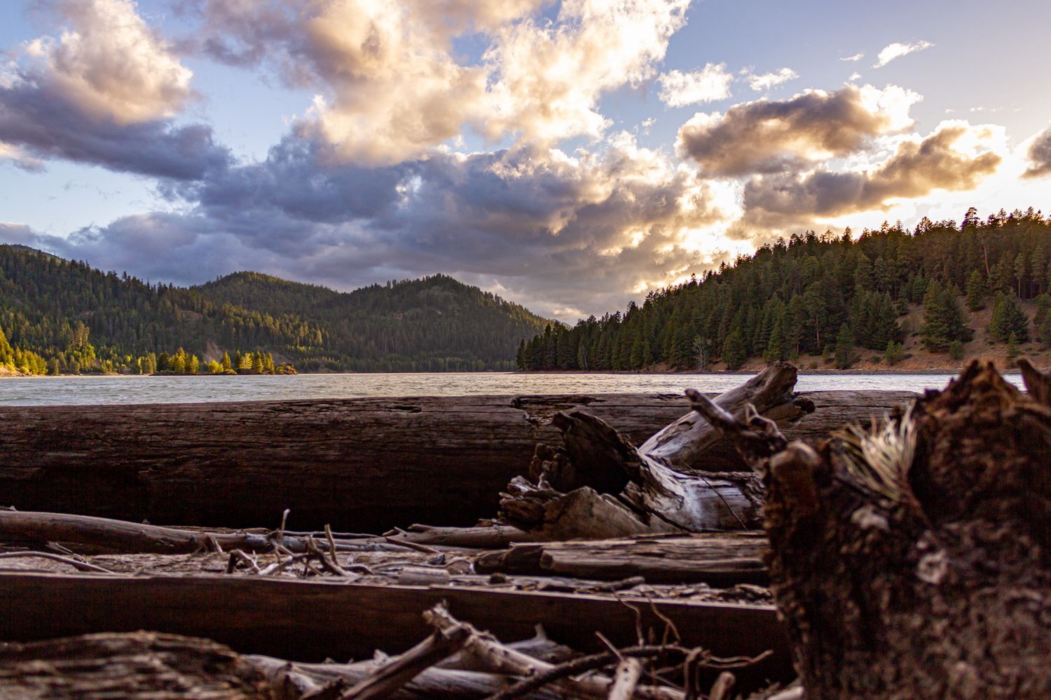 Dramatic sunset over mountain landscape with driftwood in foreground.
