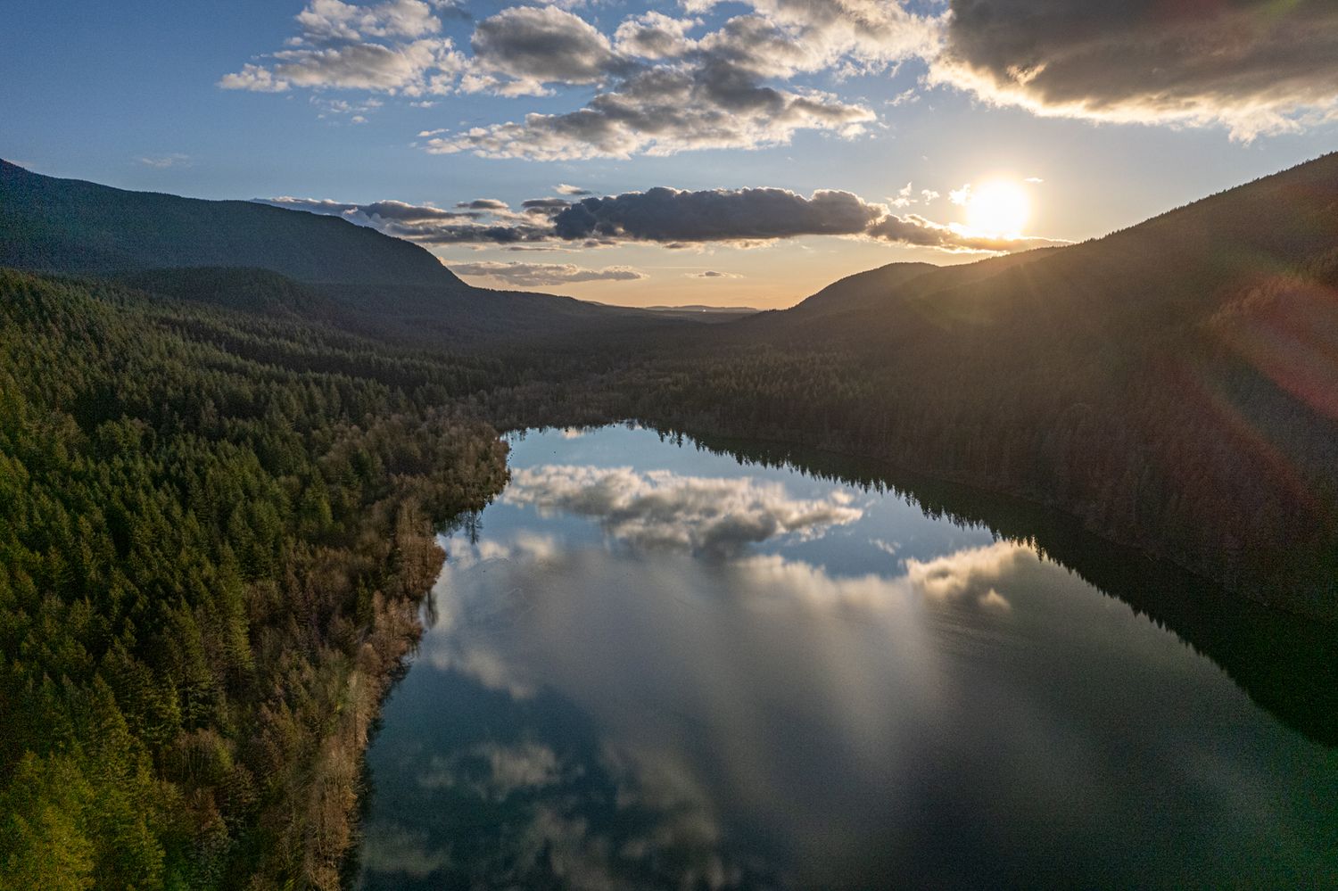 Scenic lake reflection at sunset with mountains and forest surrounding the calm waters.