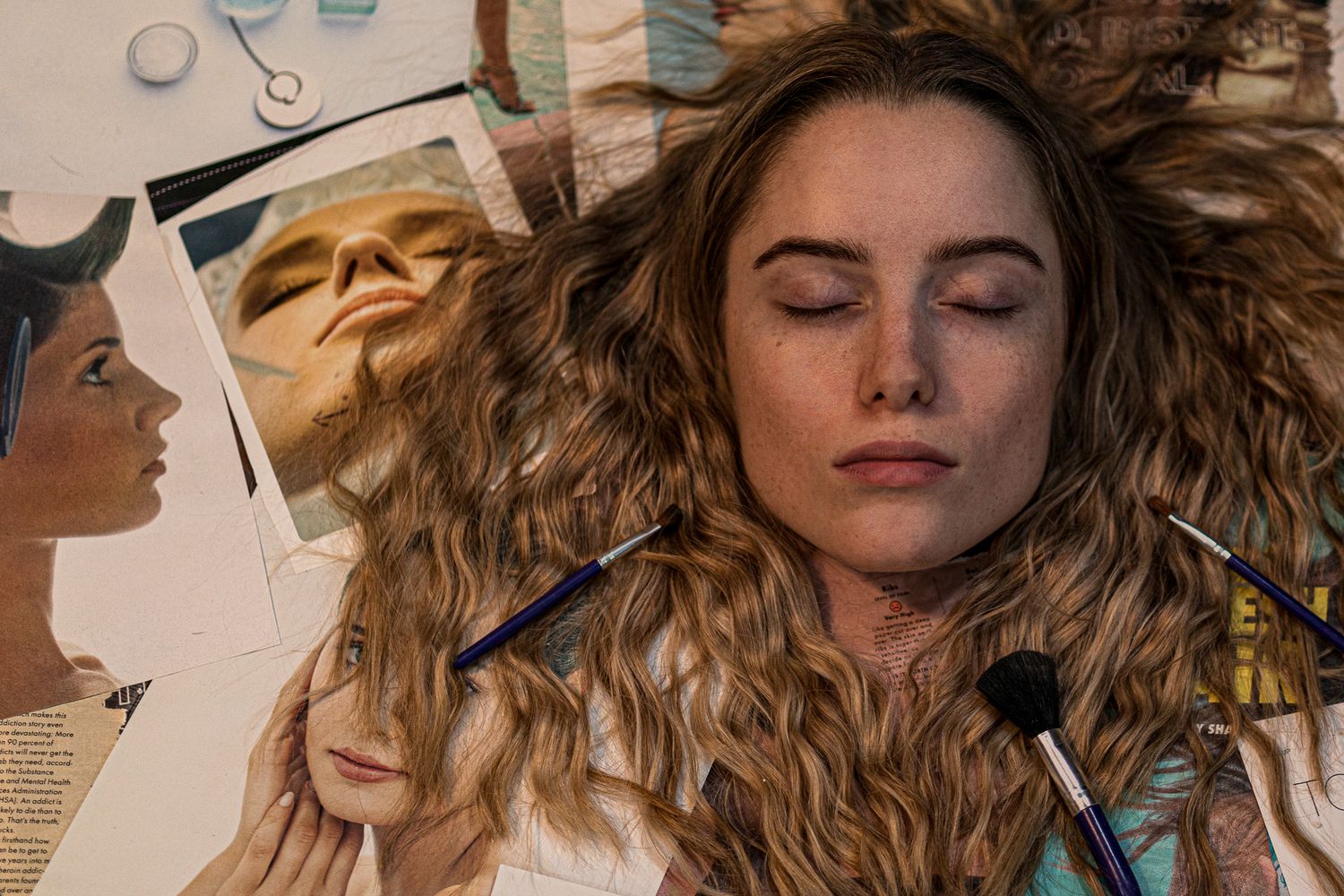 Close-up portraits of a woman with flowing curly hair against various artistic backgrounds.
