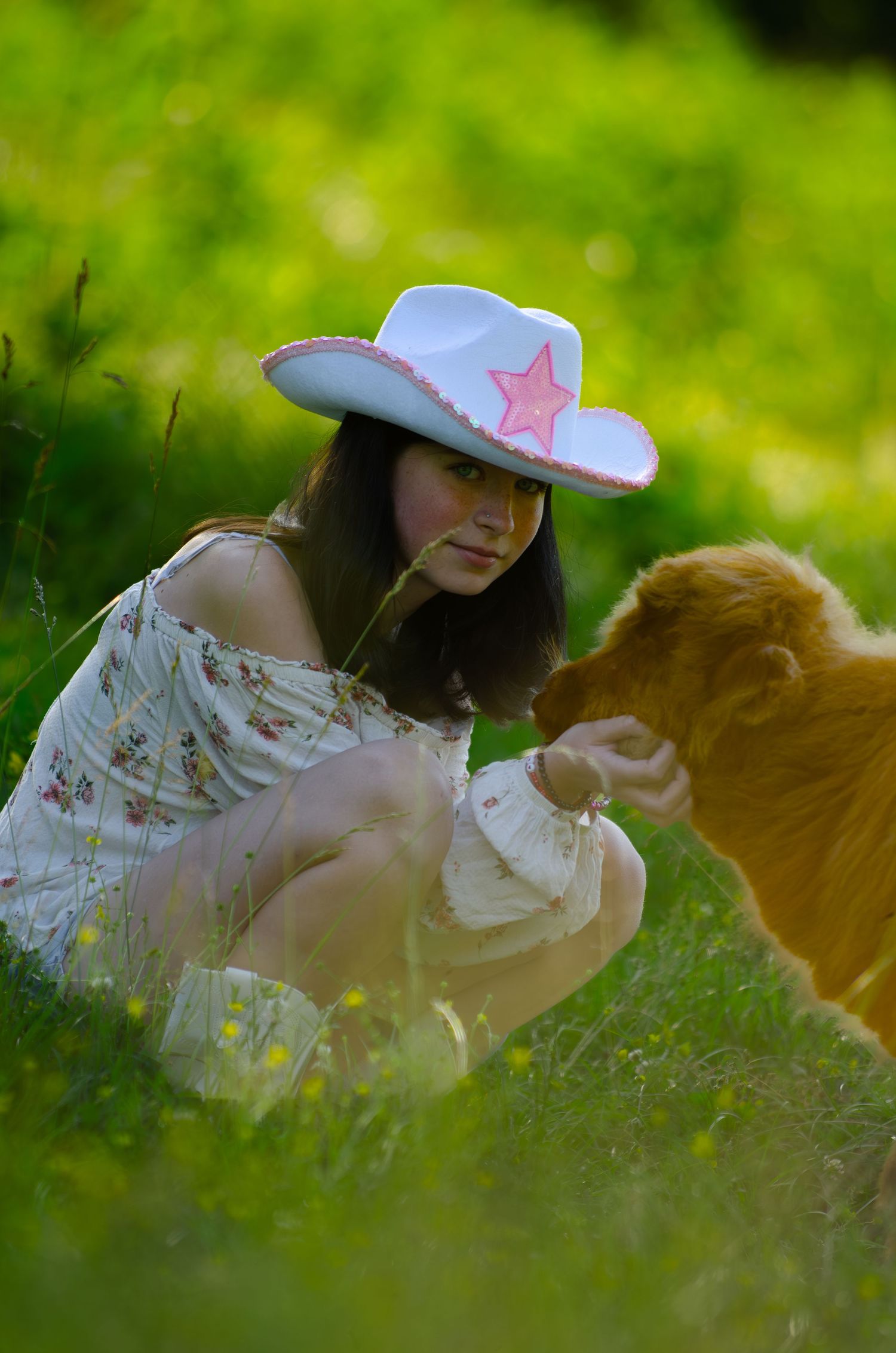 Person wearing a white cowboy hat with pink star plays with highland cow in sunny meadow.