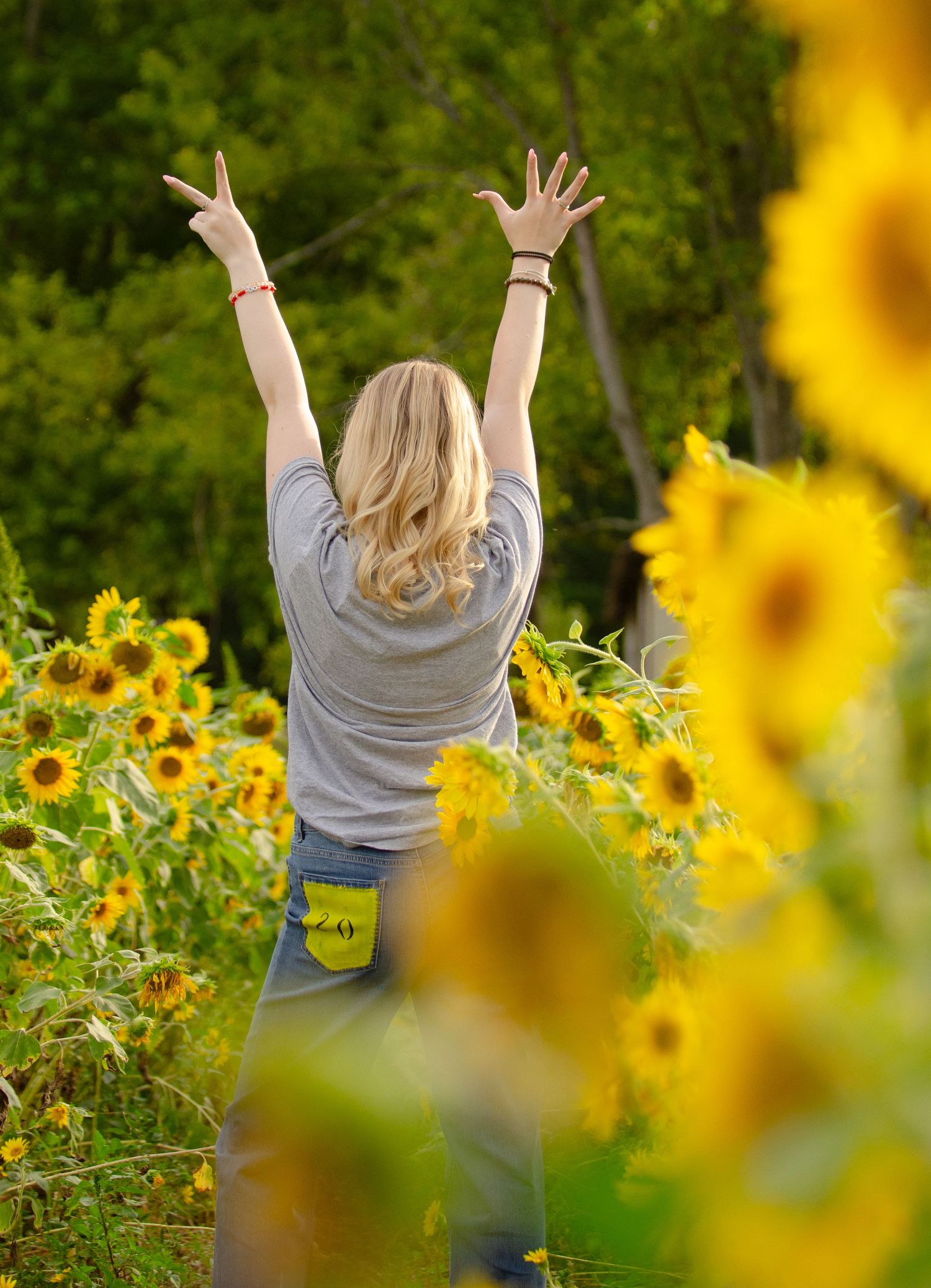 Person with raised arms celebrating in a sunflower field during golden hour.