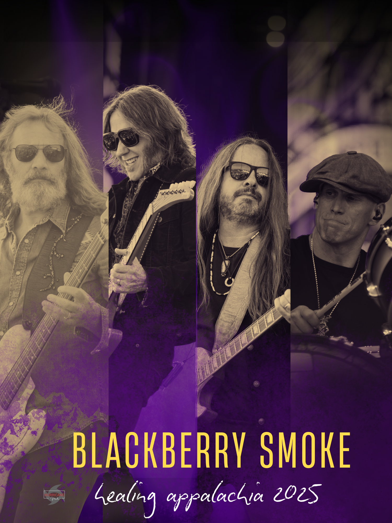 Rock band Blackberry Smoke performs on stage during their Healing Appalachia 2023 concert with purple lighting effects.