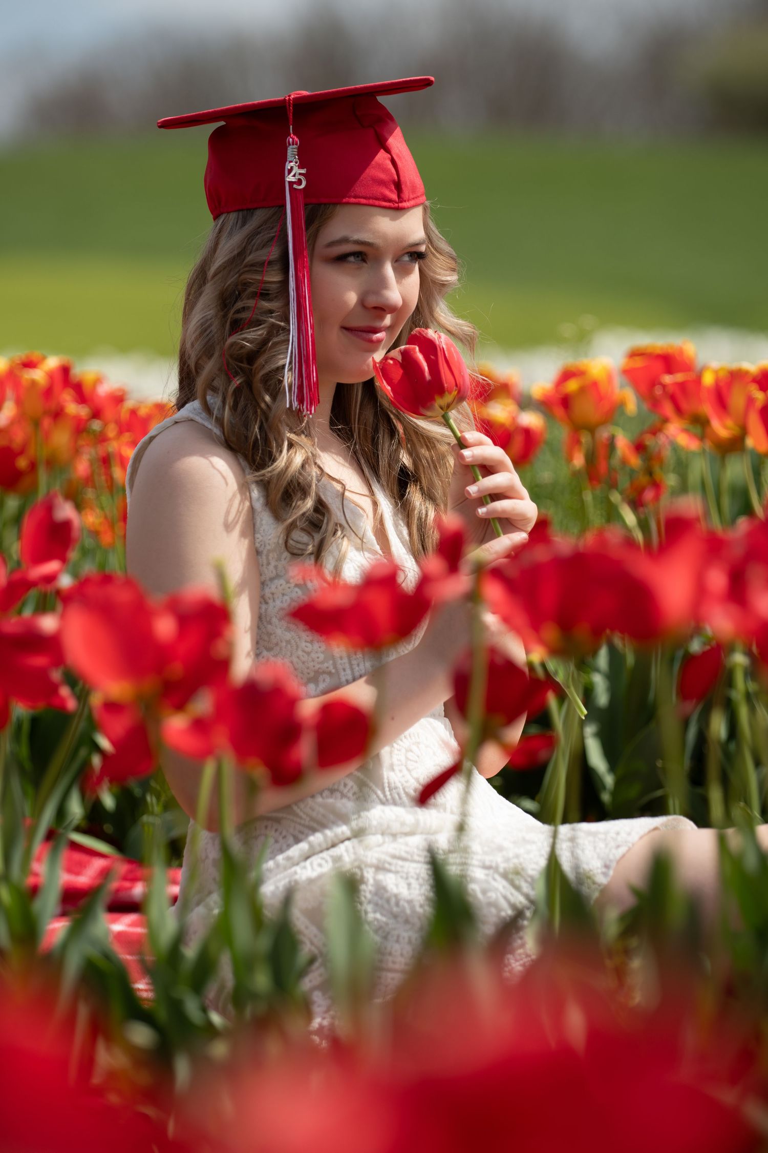Graduate in red cap poses in vibrant tulip field while holding a red tulip.