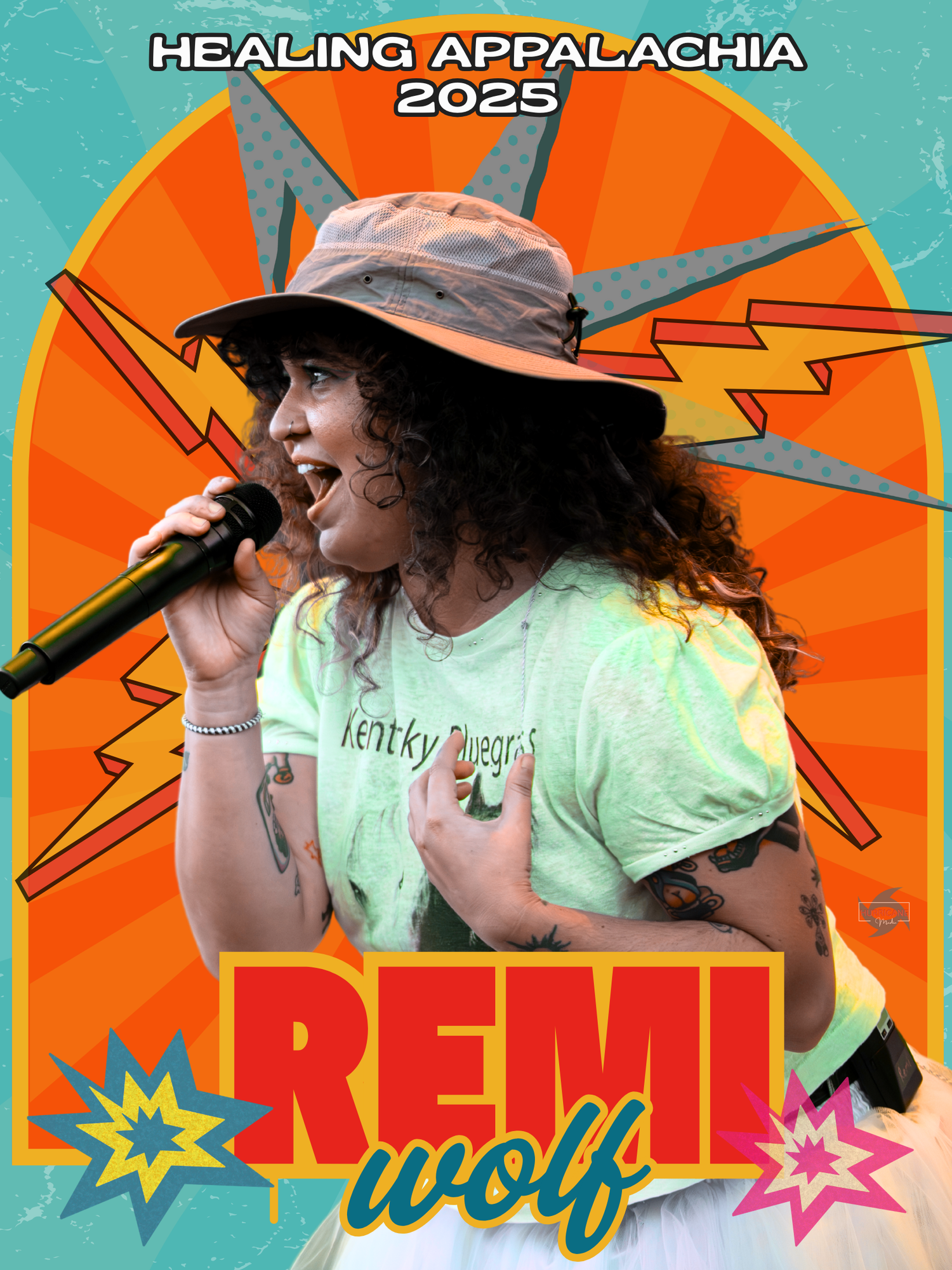 Retro-style concert poster for Healing Appalachia 2023 featuring a performer in a brown hat against an orange sunburst background.