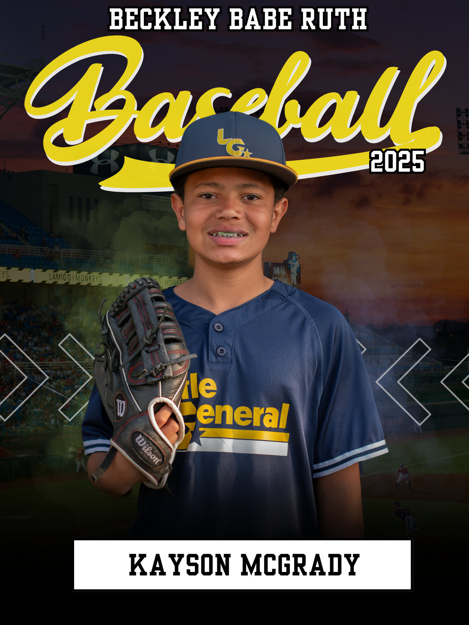 Baseball player profile photo featuring navy uniform and glove against dark backdrop.