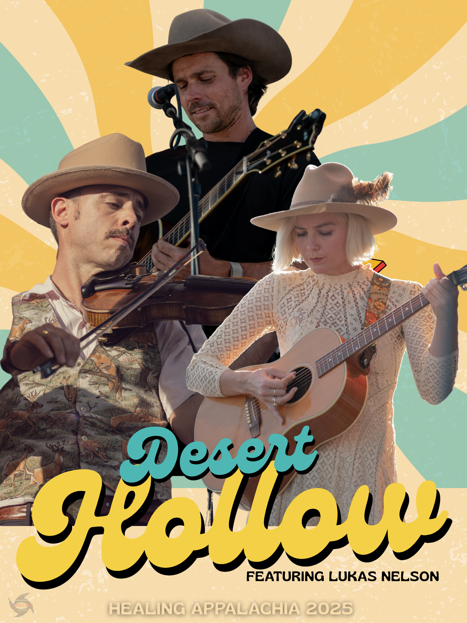 A country music band performs on stage with guitars and cowboy hats against a retro-styled sunburst background design.