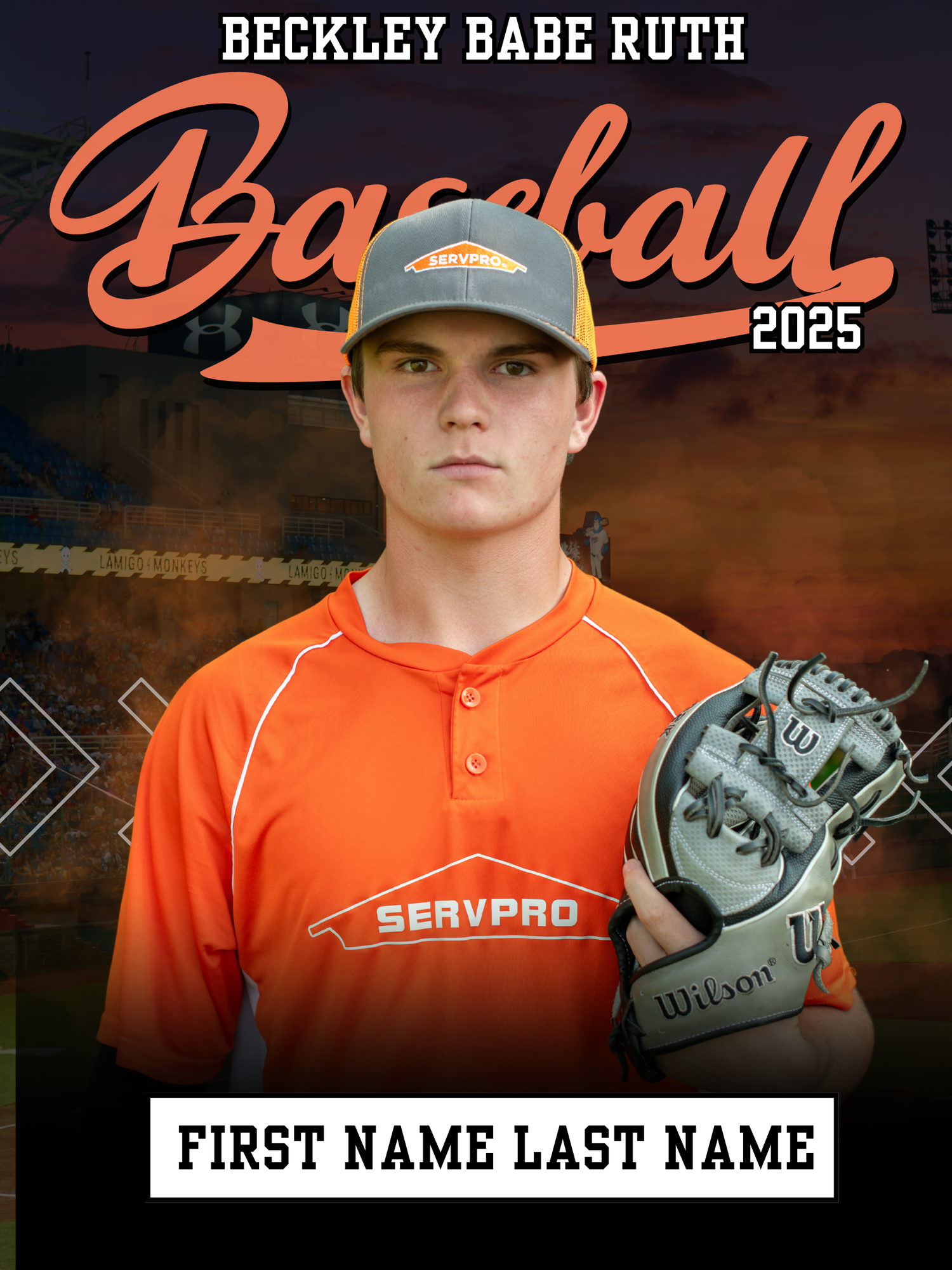 Baseball player wearing orange Servpro jersey holding a Wilson glove.