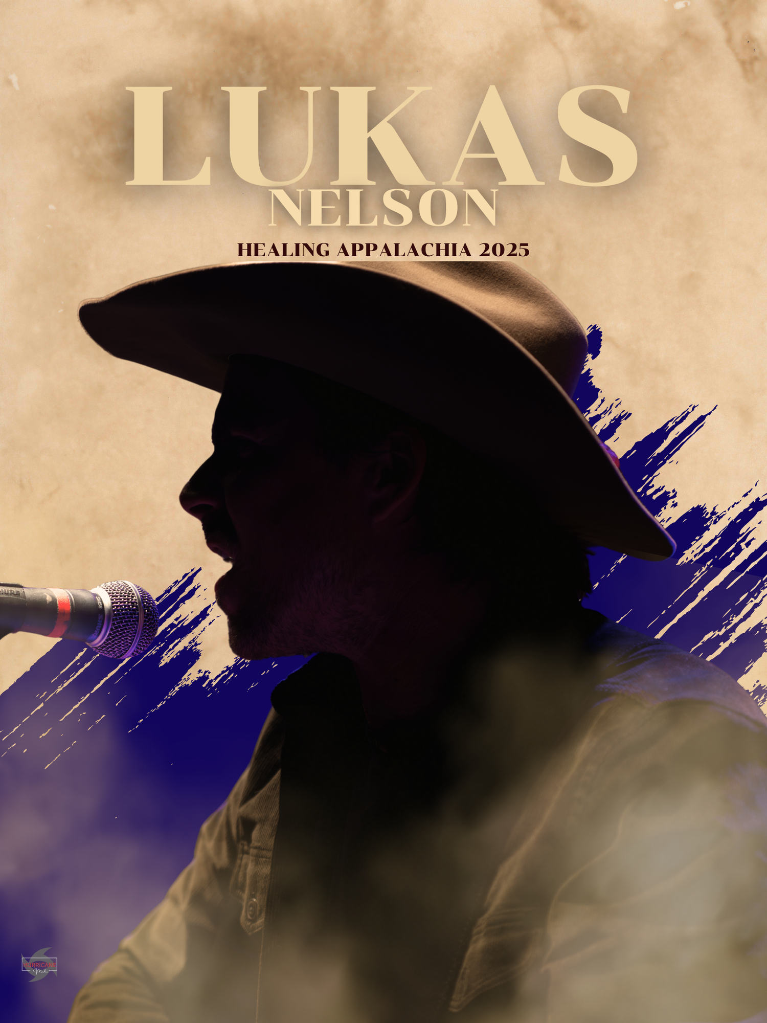 A silhouetted figure in a hat against a beige background with blue paint strokes and text reading 'LUKAS NELSON'.