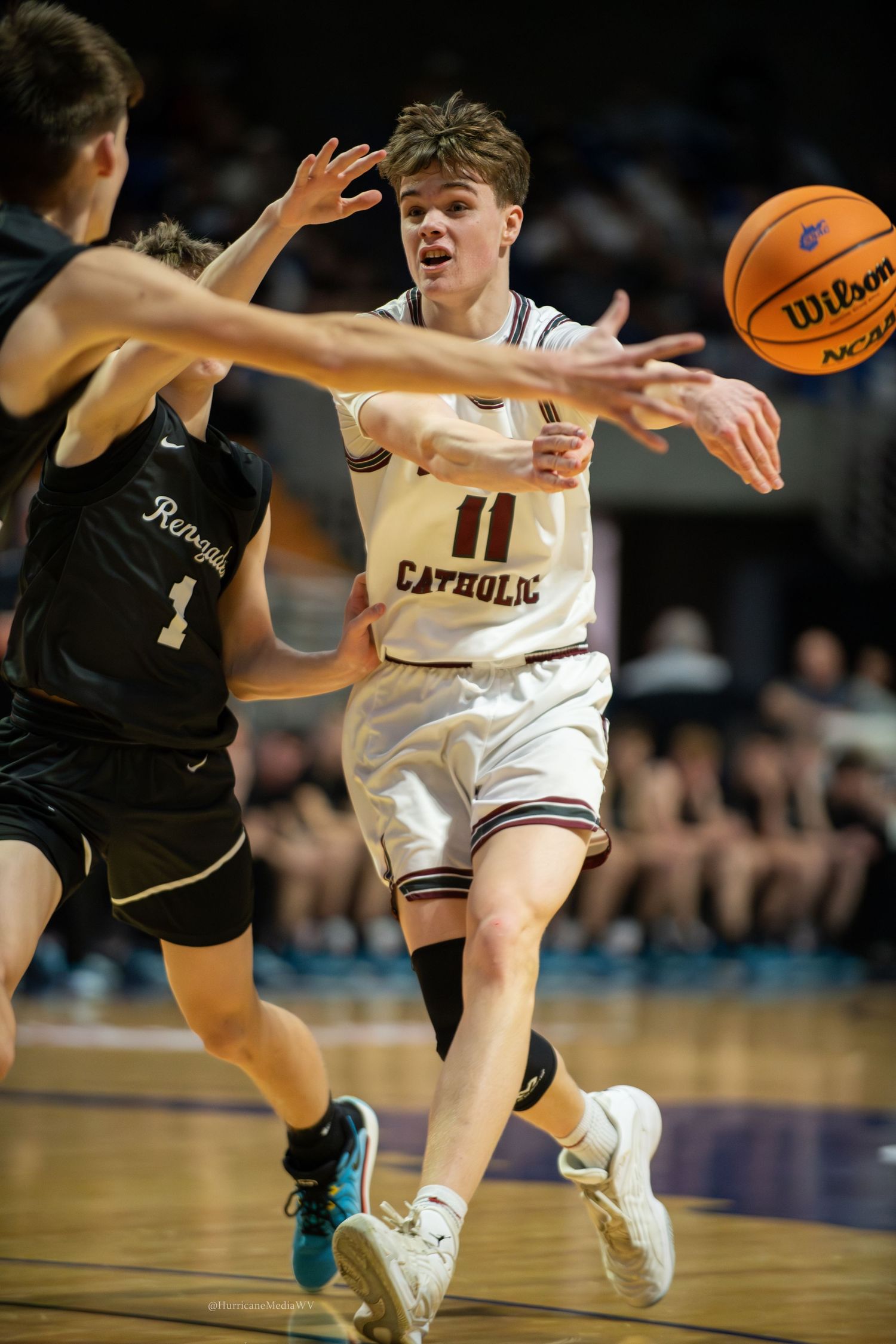 Basketball players battle for a loose ball during an intense game sequence showing multiple angles of the play.