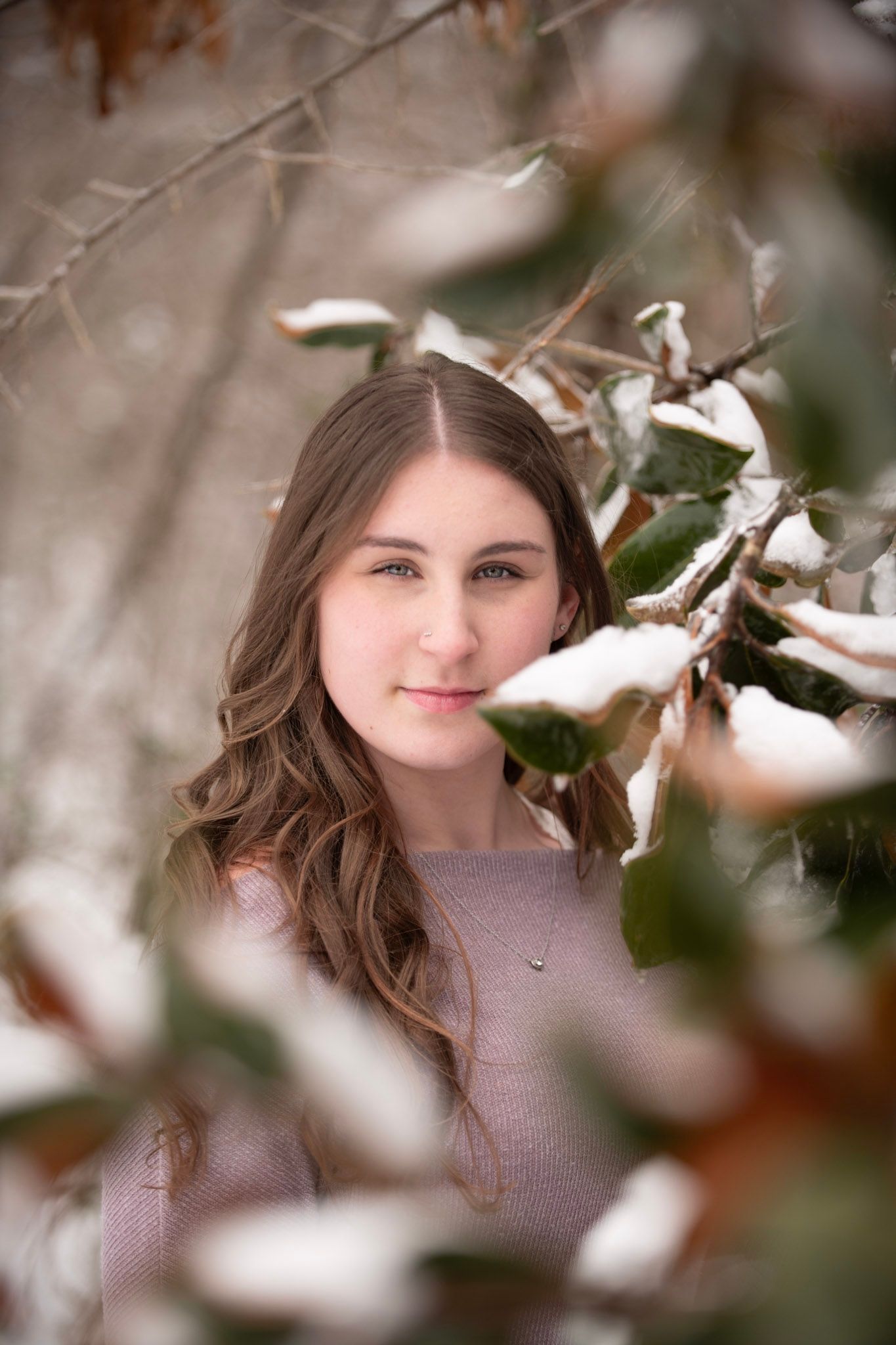Winter portrait framed by snowy branches with soft natural lighting.