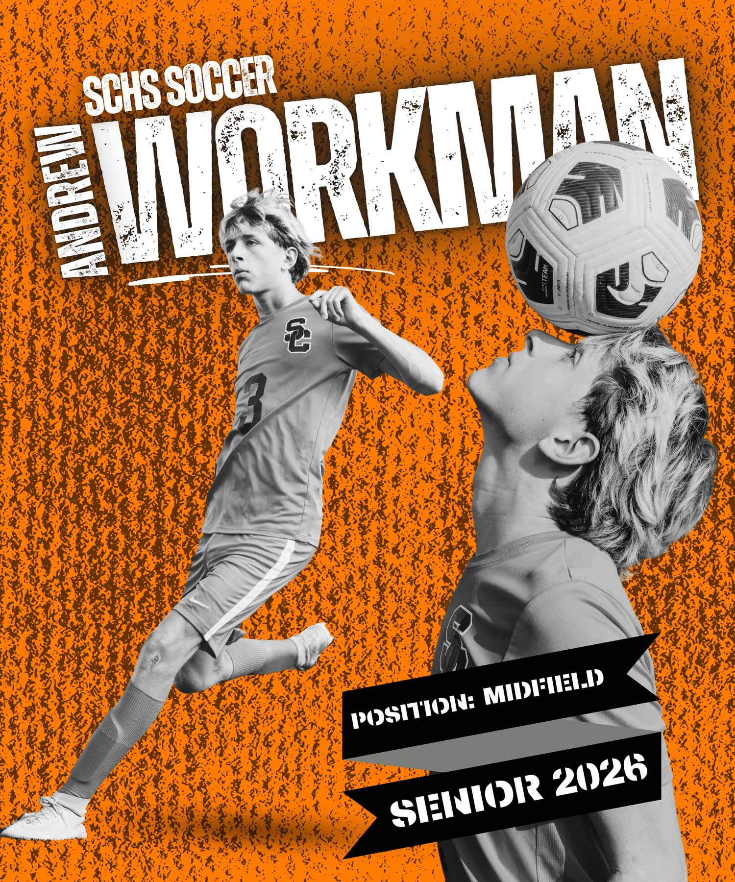 High school soccer player in mid-air header against orange background with dynamic black text overlay.