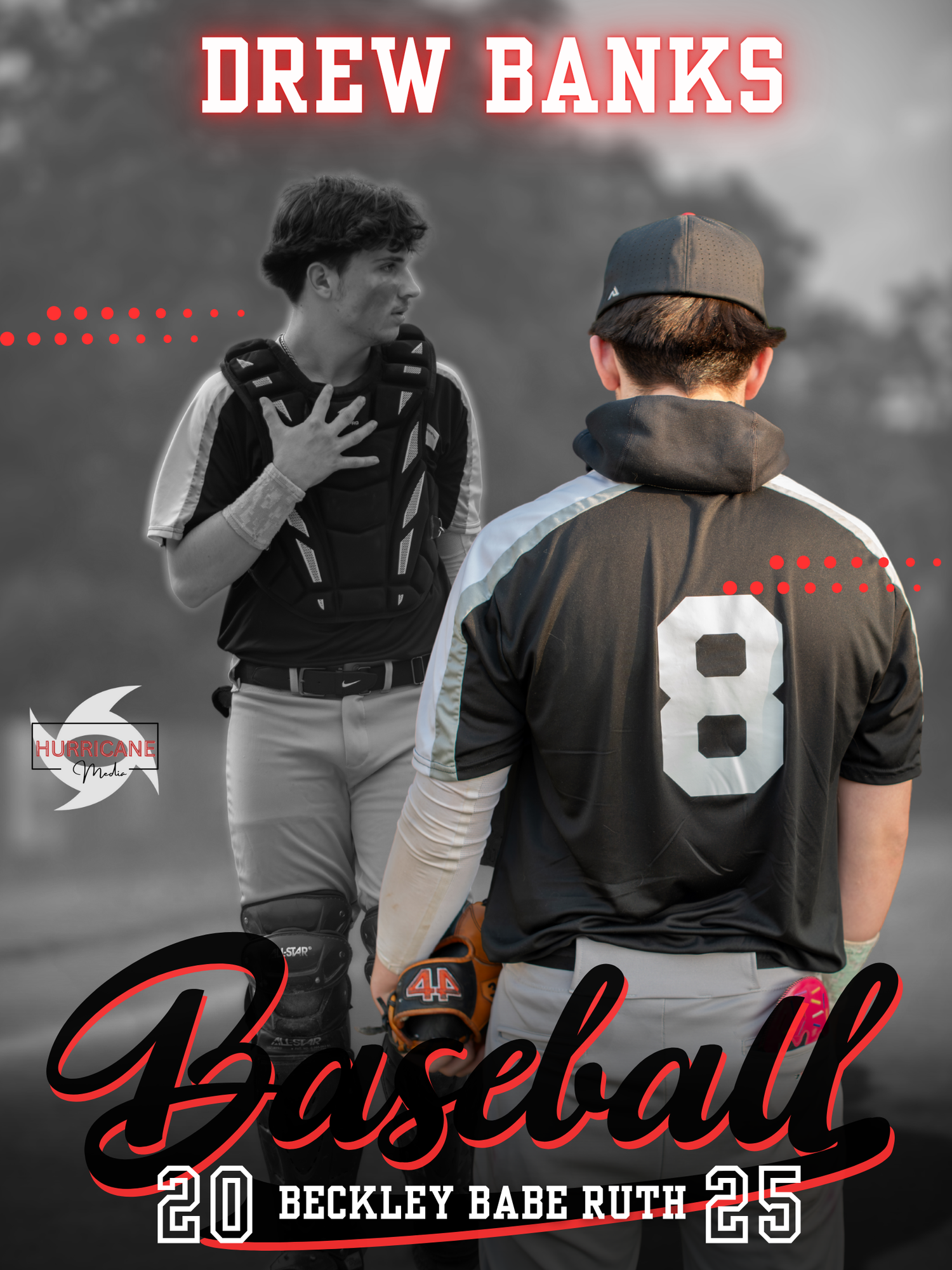 Black and white baseball themed design with jersey number graphics.