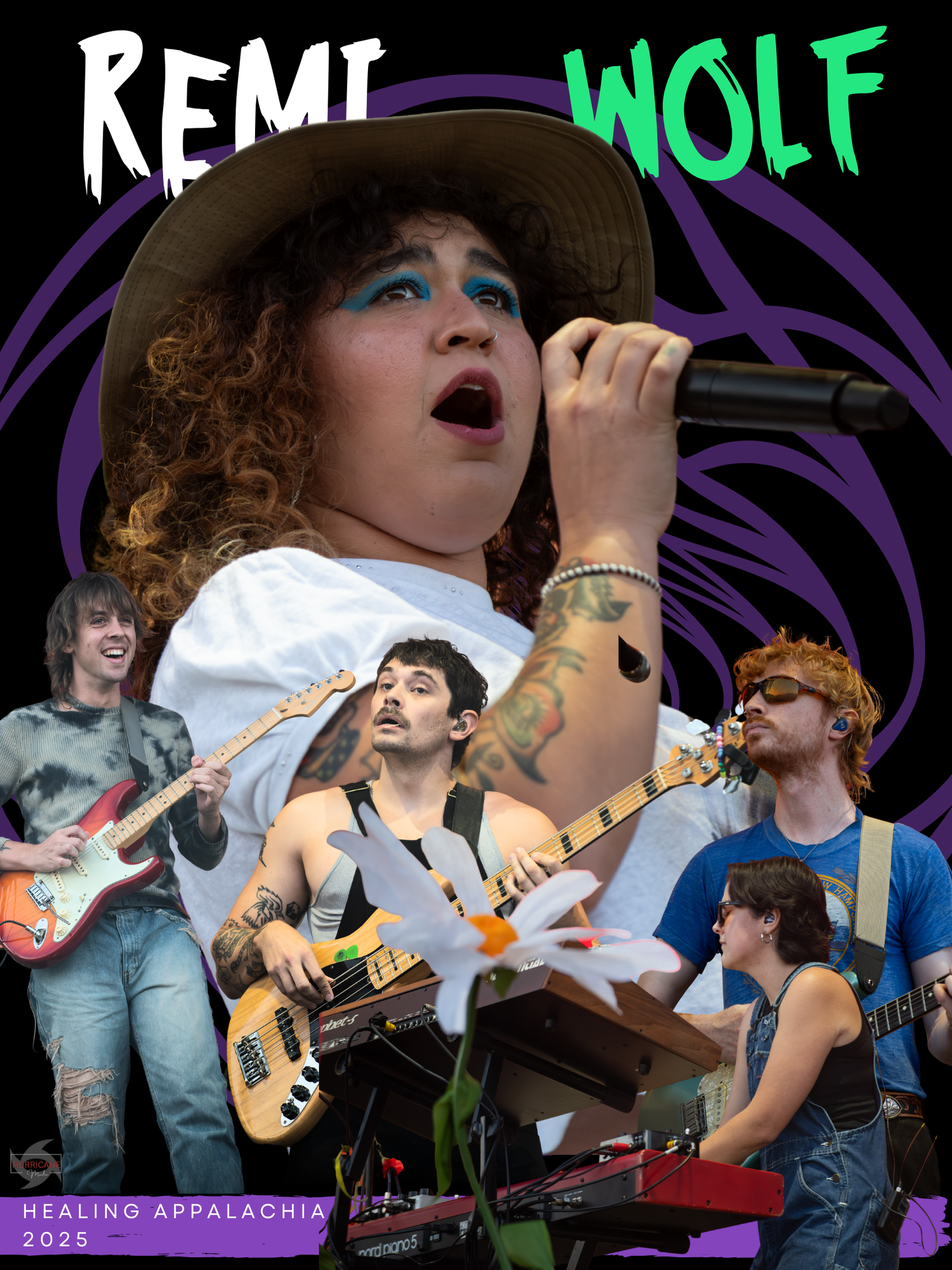 Energetic performers on stage at a music festival with guitars and microphones against a purple backdrop.