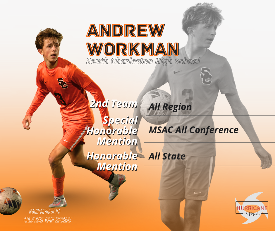 Soccer player in orange jersey dribbles ball during game with overlaid text and graphics showing player stats and honors.