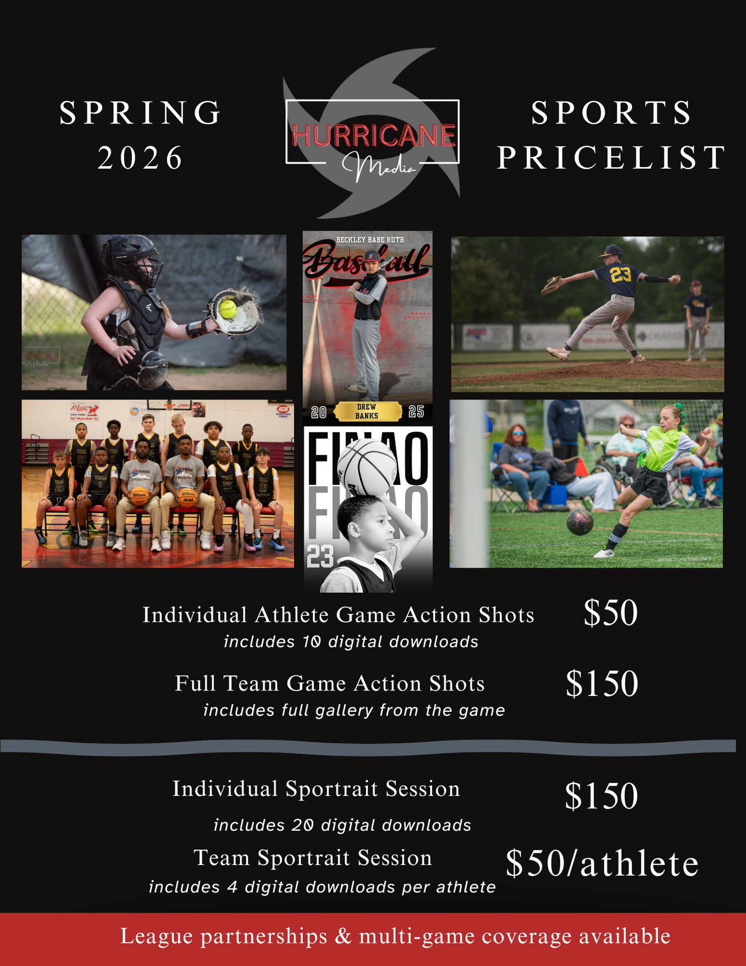 Sports photography pricing board displaying packages for team and individual athlete photo sessions with action shots and portraits.