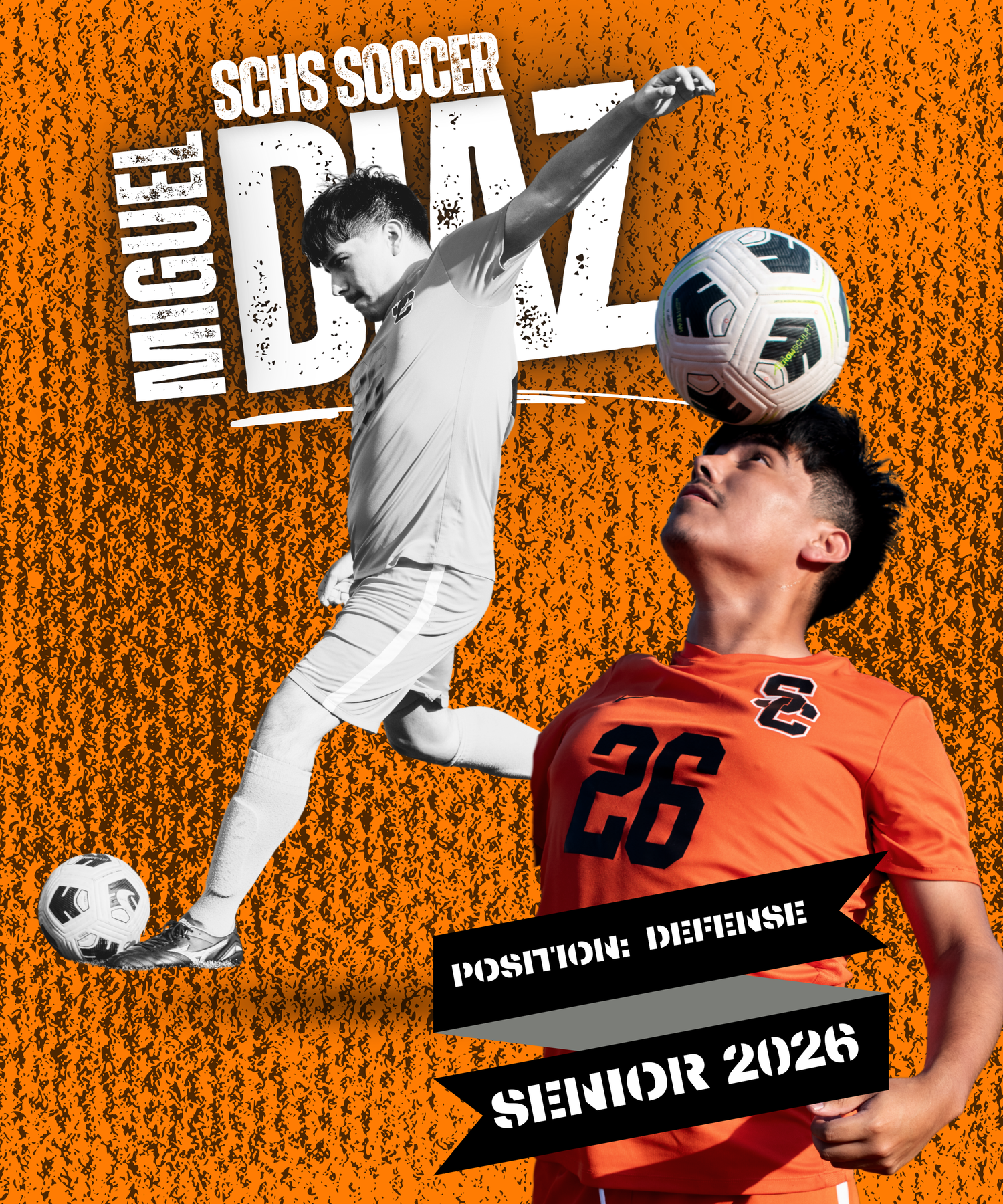 Soccer players in black and white leap against an orange background in a dynamic sports collage composition.