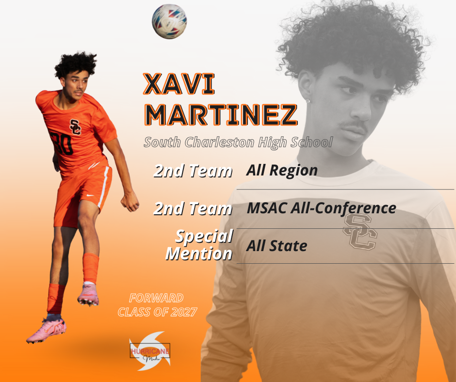 High school soccer player in orange uniform leaps during game action against gray background with text overlay.
