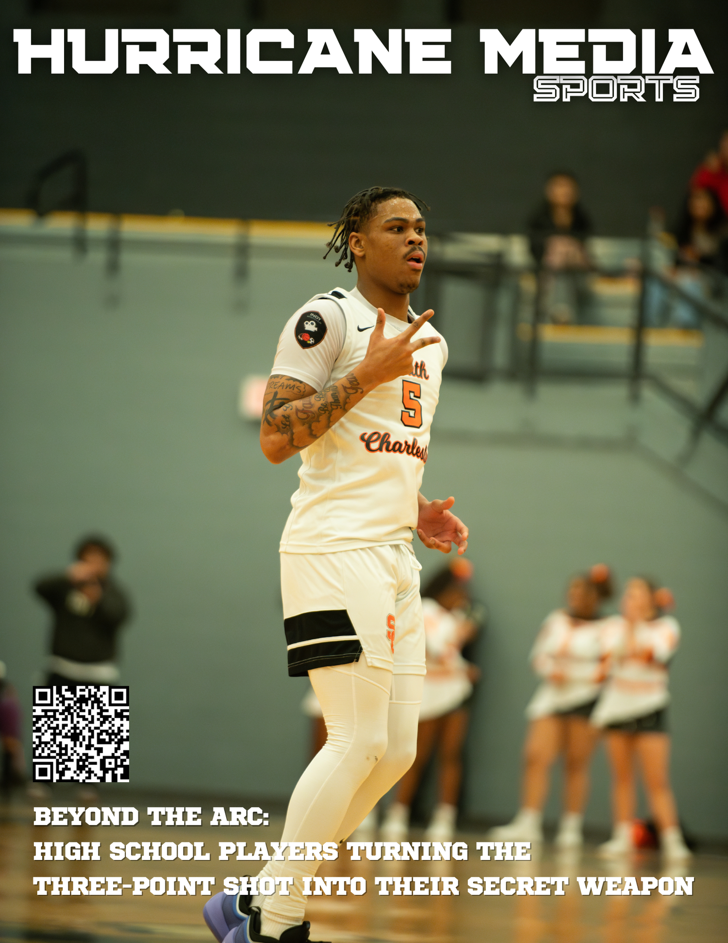 Magazine cover featuring basketball player in white uniform with Hurricane Media Sports branding.