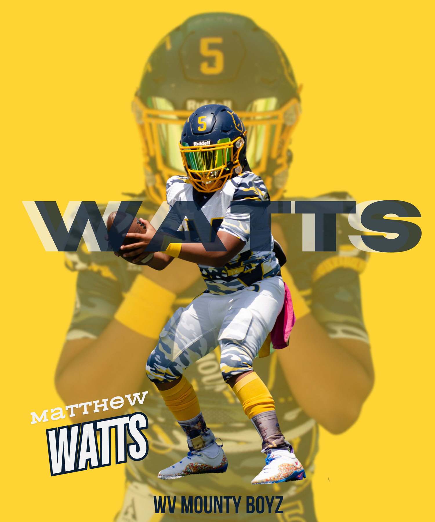 Football player graphic design with yellow background and shadow effect.