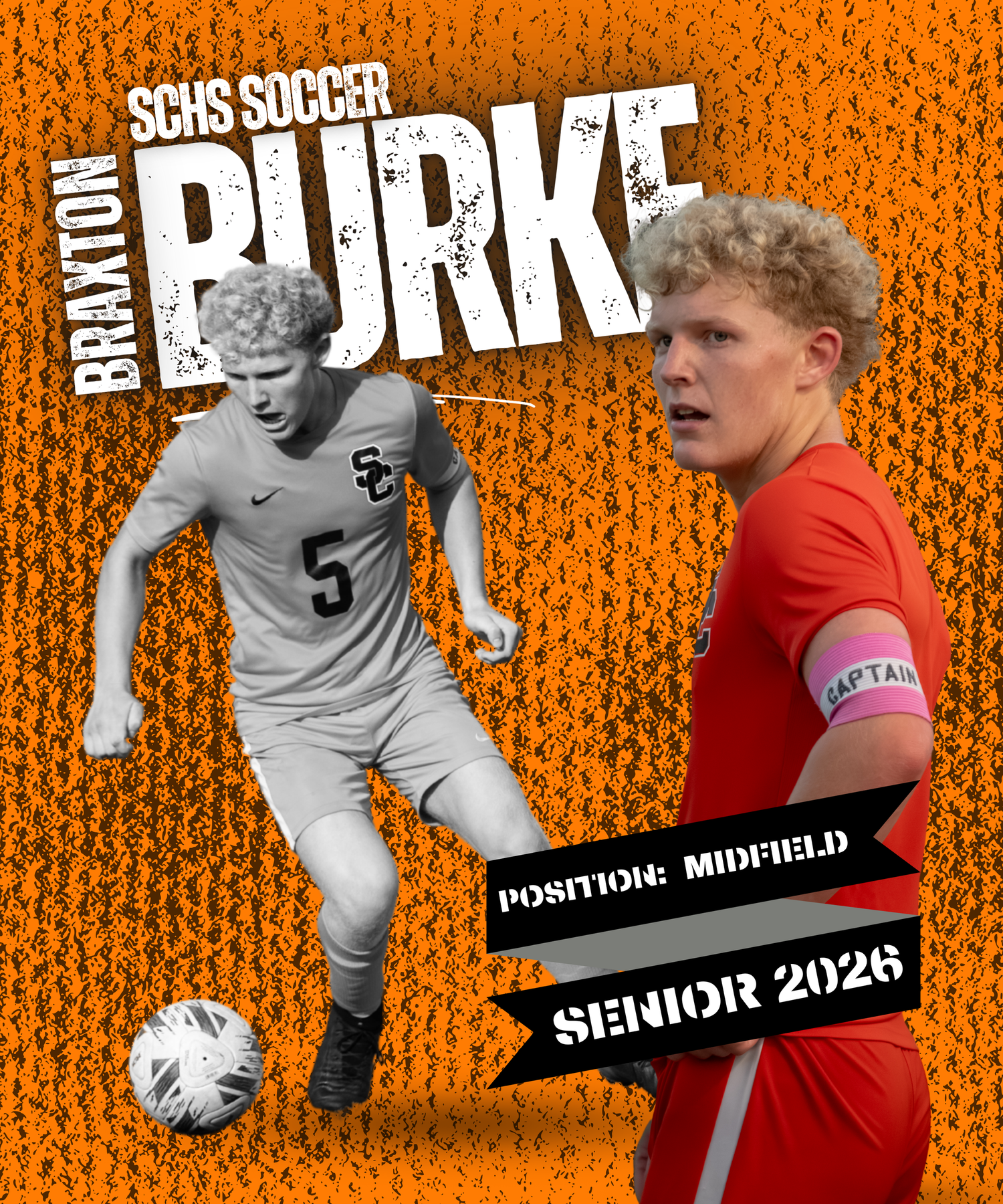 Soccer player in red jersey and black shorts makes a dynamic move against an orange textured background.