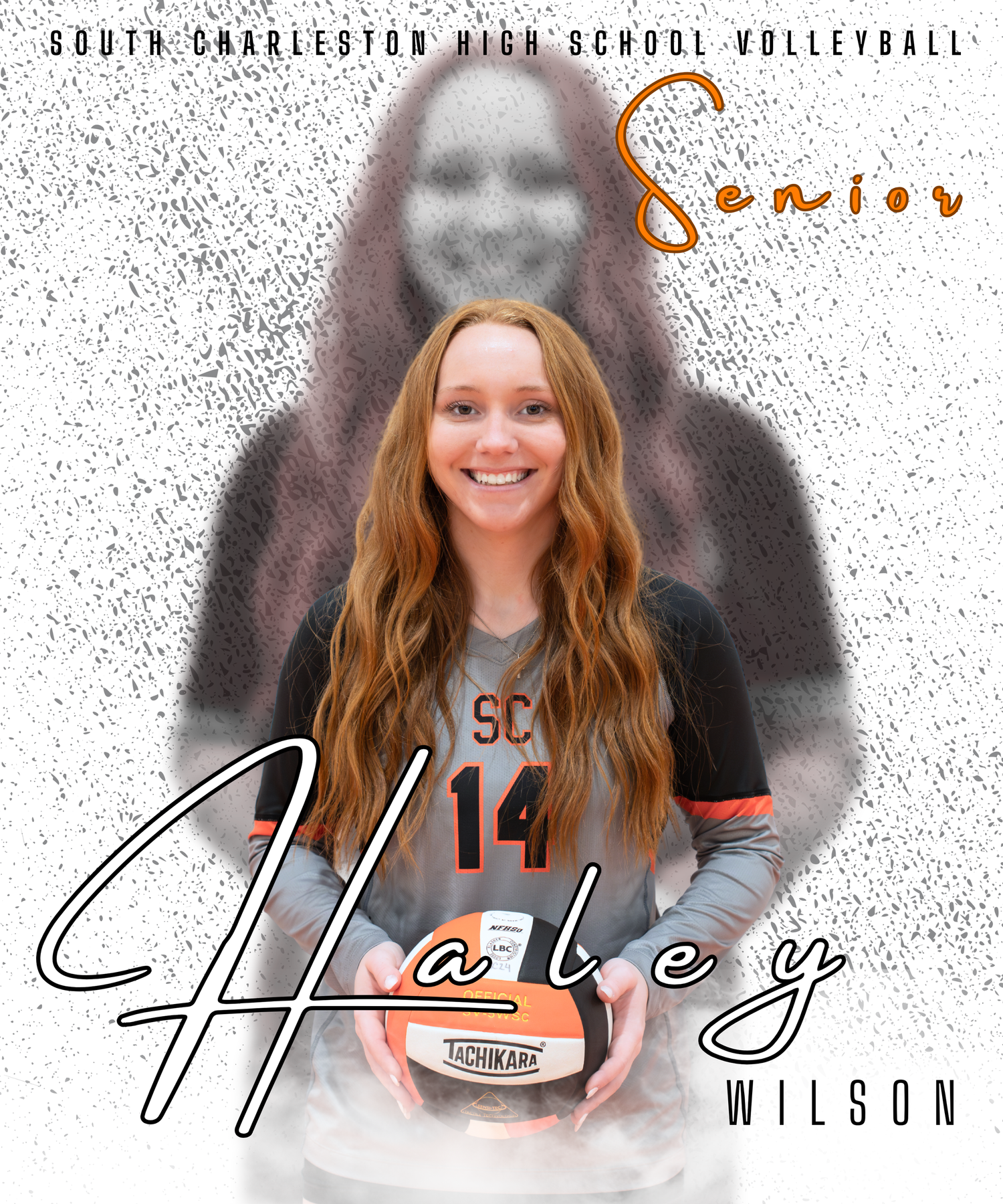 High school volleyball player photo with Senior text overlay and shadowed background in grey and orange design.