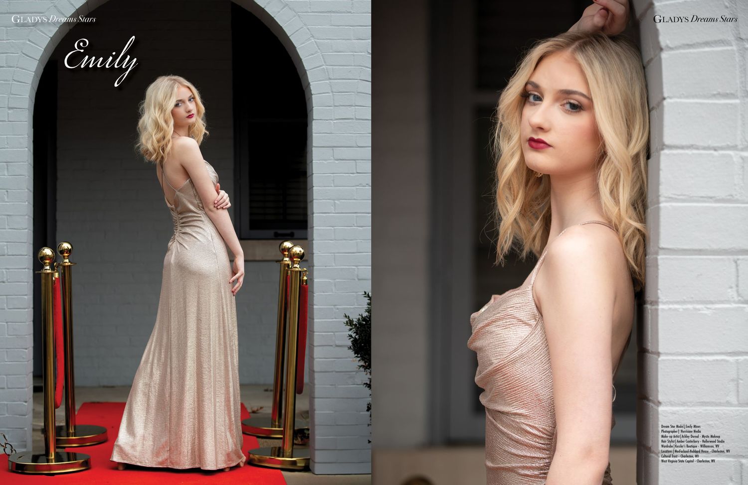 Elegant woman in a form-fitting champagne evening gown poses near a velvet rope and white brick wall.