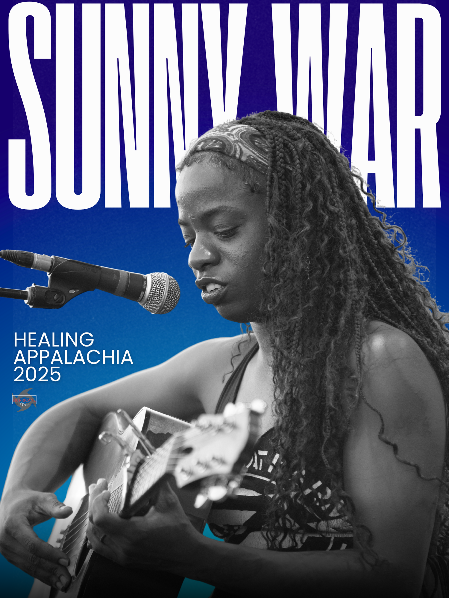 Black and white photo collage of musicians performing on stage at a healing Appalachia concert event.