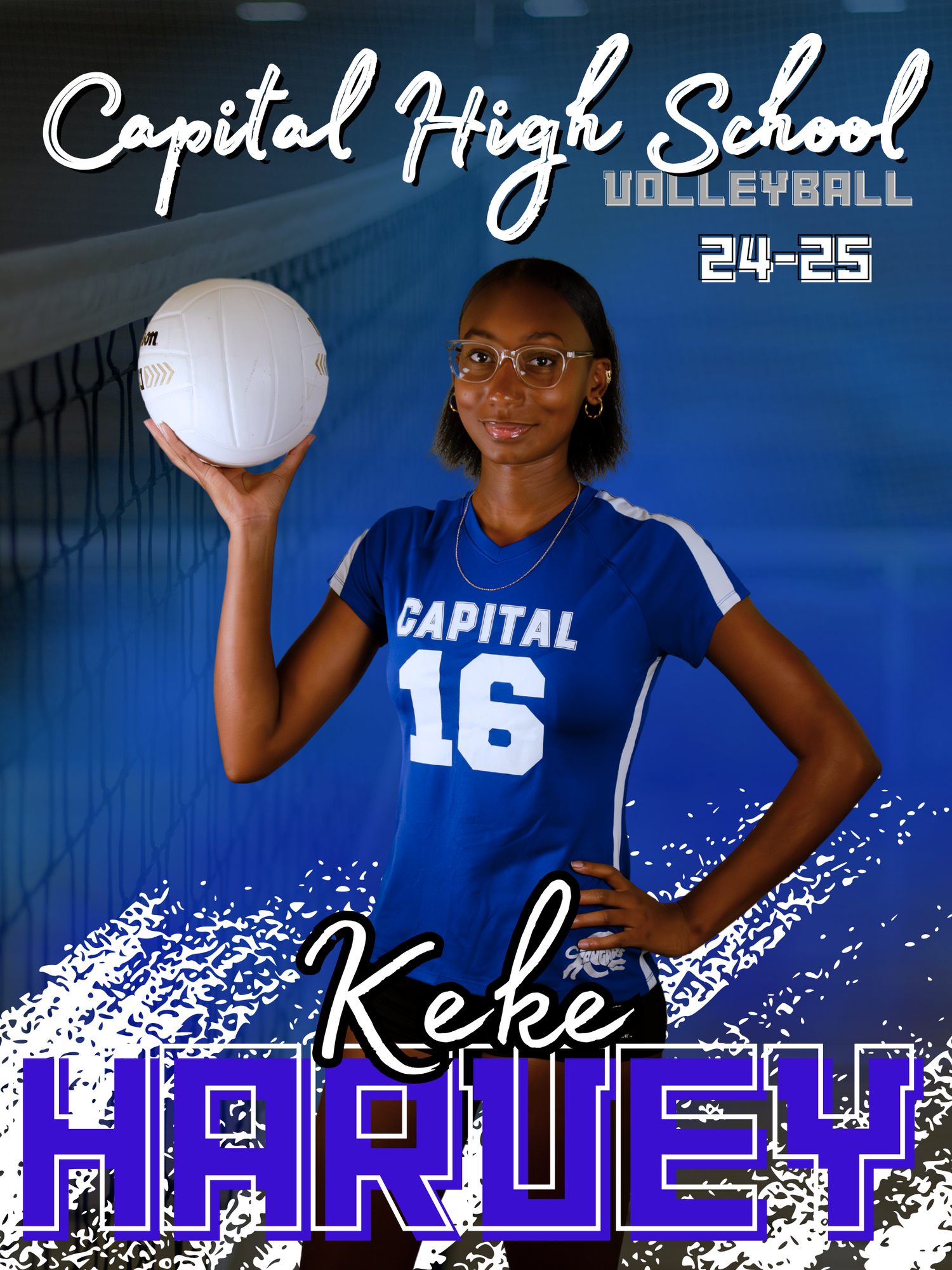 High school volleyball player in blue uniform posing for team photos.