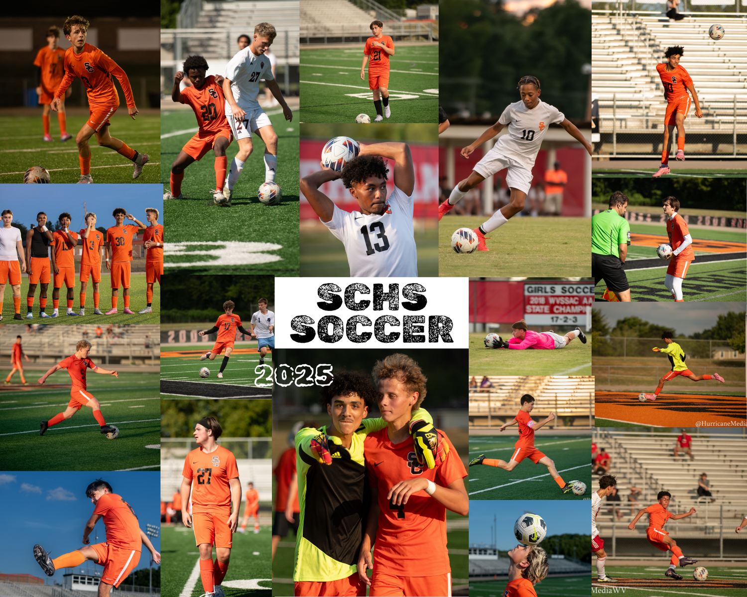 High school soccer players in orange jerseys compete during an intense match on a grass field.