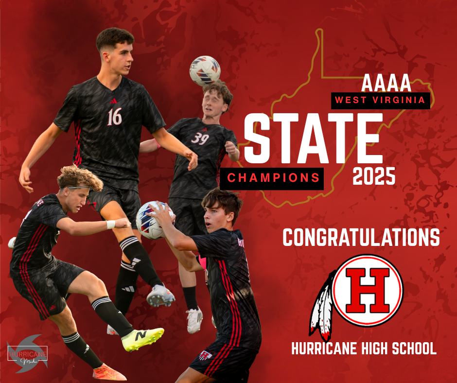 Red and black sports banner featuring championship trophy graphics and Hurricane High School branding elements.