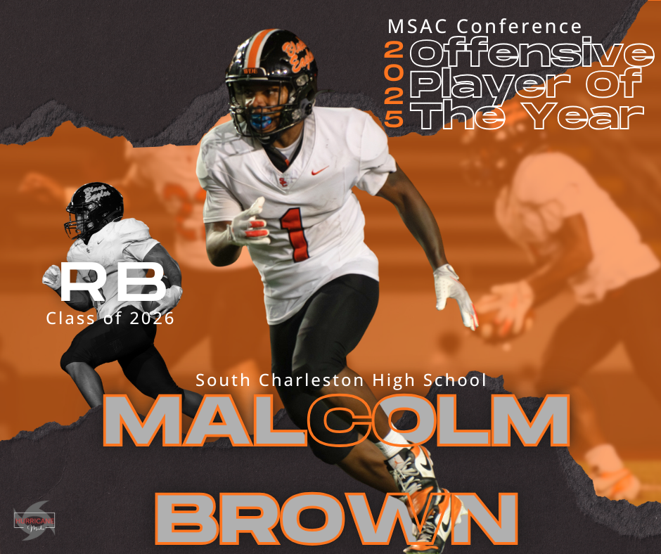 Orange and black sports graphic design featuring a football player in white uniform with number 5 against an orange background.