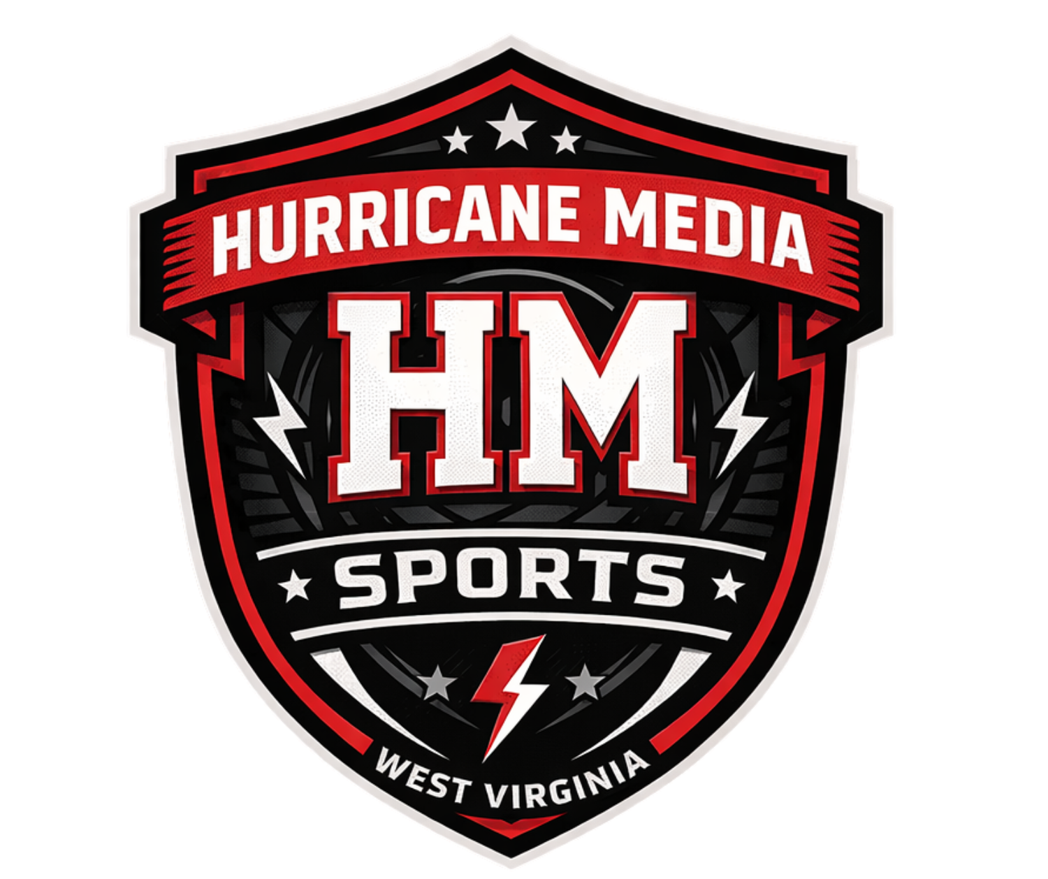 A collection of six similar black and red sports shield logos with lightning bolts and text designs arranged horizontally.