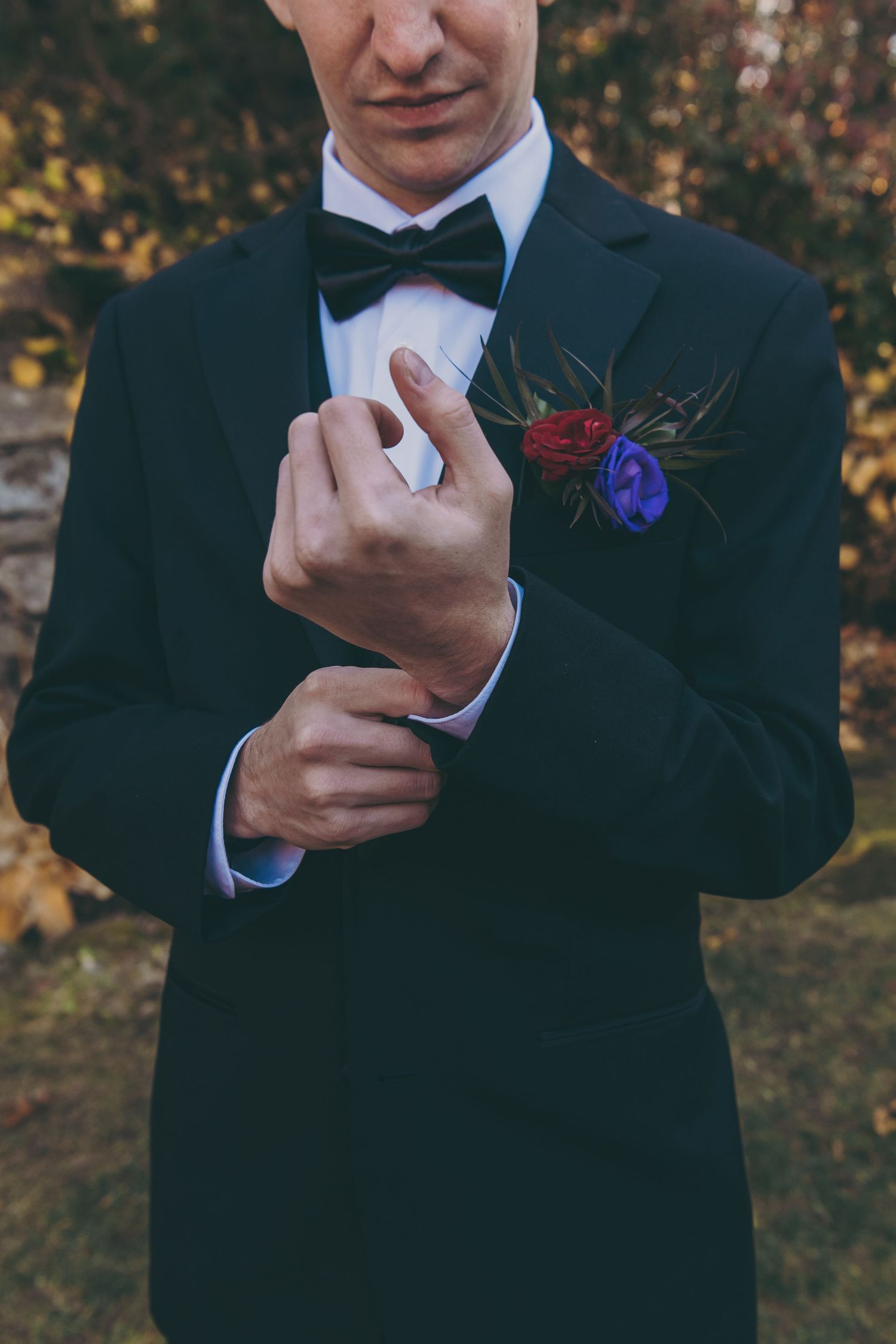 Several formal images showing adjustments being made to suit cuffs and boutonnieres.