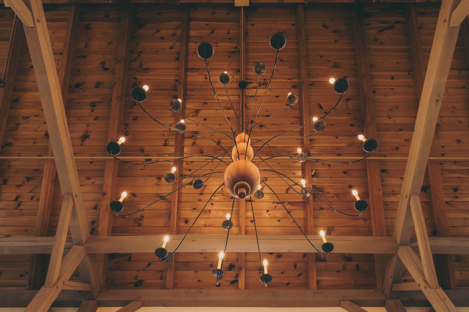 Edison light bulbs arranged in a circular chandelier under a rustic wooden beam ceiling.