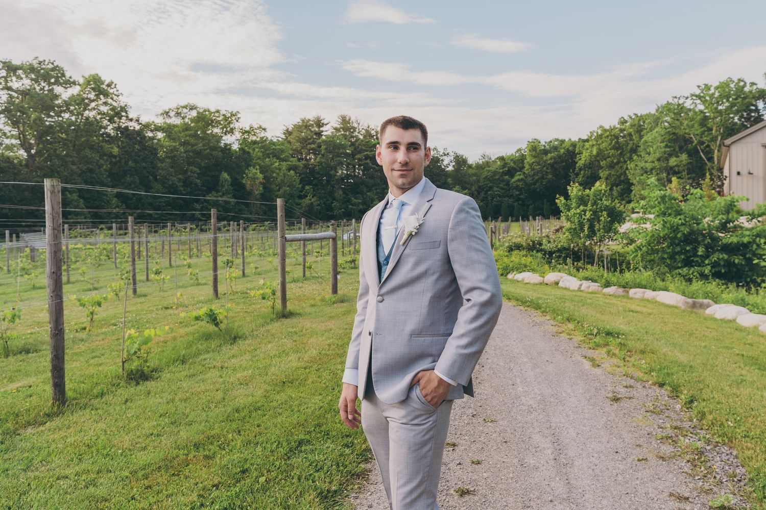 A beautiful vineyard pathway with wooden posts and growing vines creates a scenic garden setting.