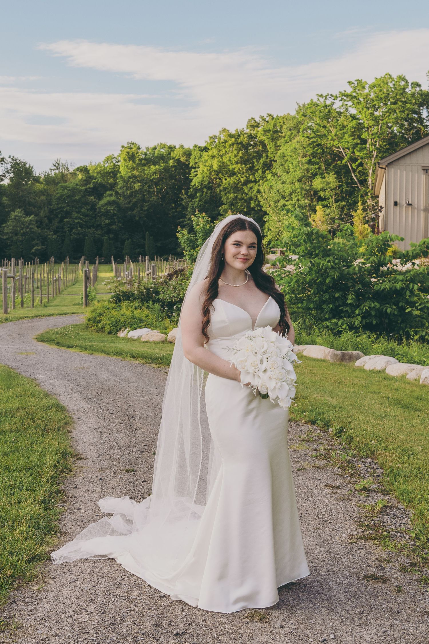 A wedding scene at a vineyard with lush greenery and a rustic barn in the background.