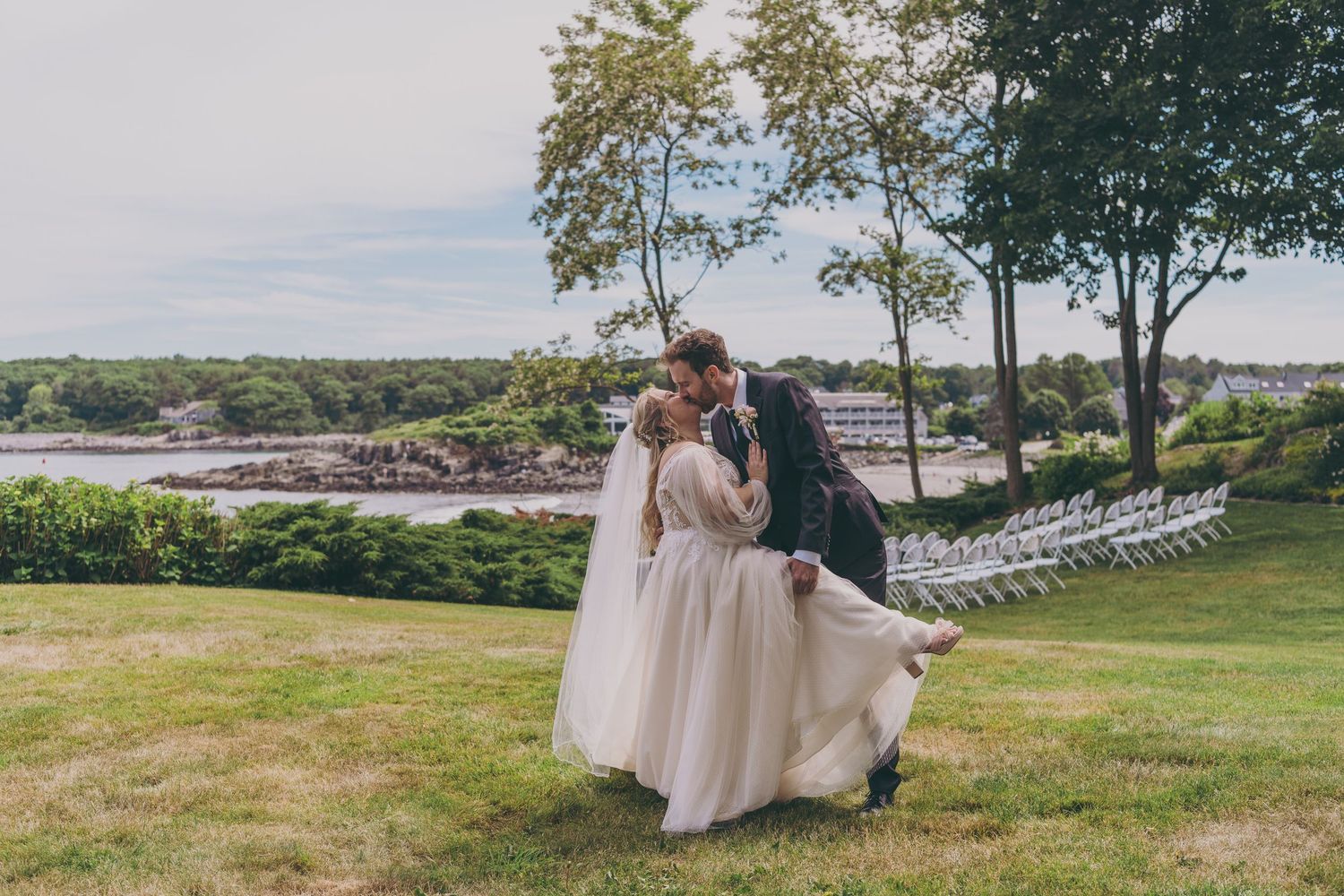 Scenic collage of outdoor wedding moments featuring couples in formal attire against natural landscape settings.
