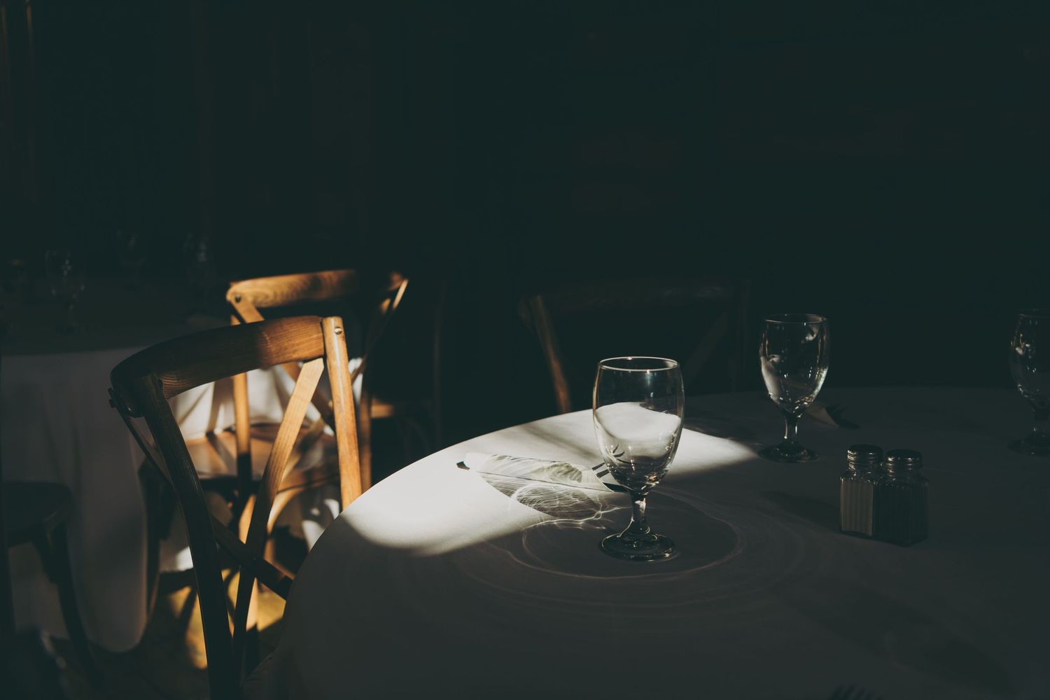A moody restaurant table setting with empty wine glasses and plates illuminated by warm lighting in a dark atmosphere.