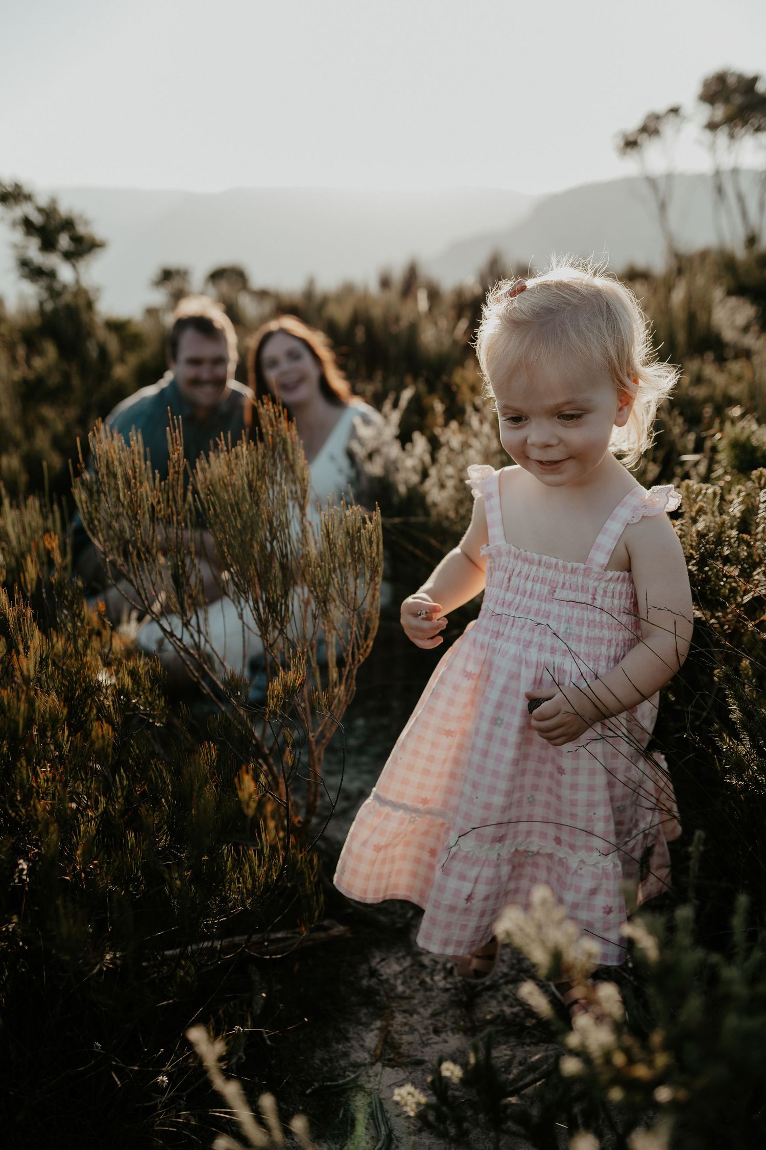 Parents watching their young daughter walk through the wild flowers in the Blue Mountains