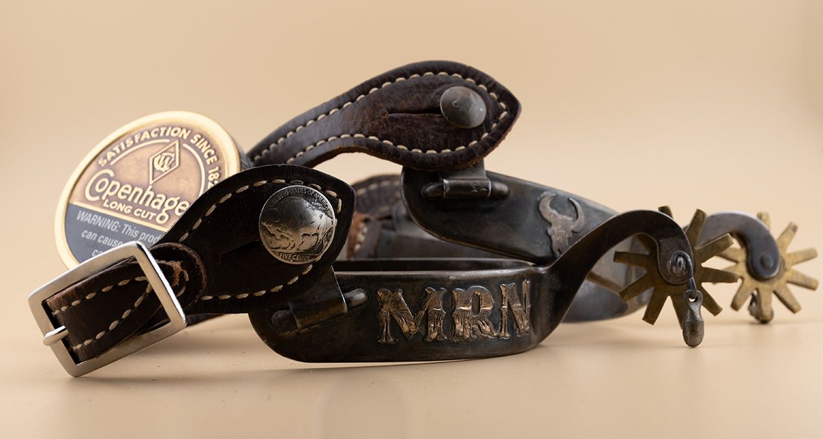Western spurs and leather gear with silver details against light background.