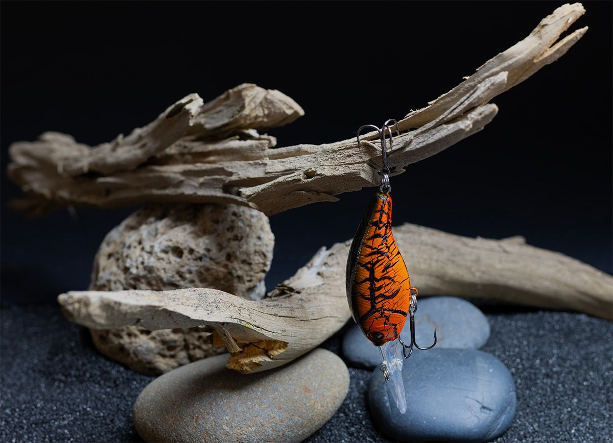 Artistic still life with driftwood, orange butterfly and smooth stones against dark background.