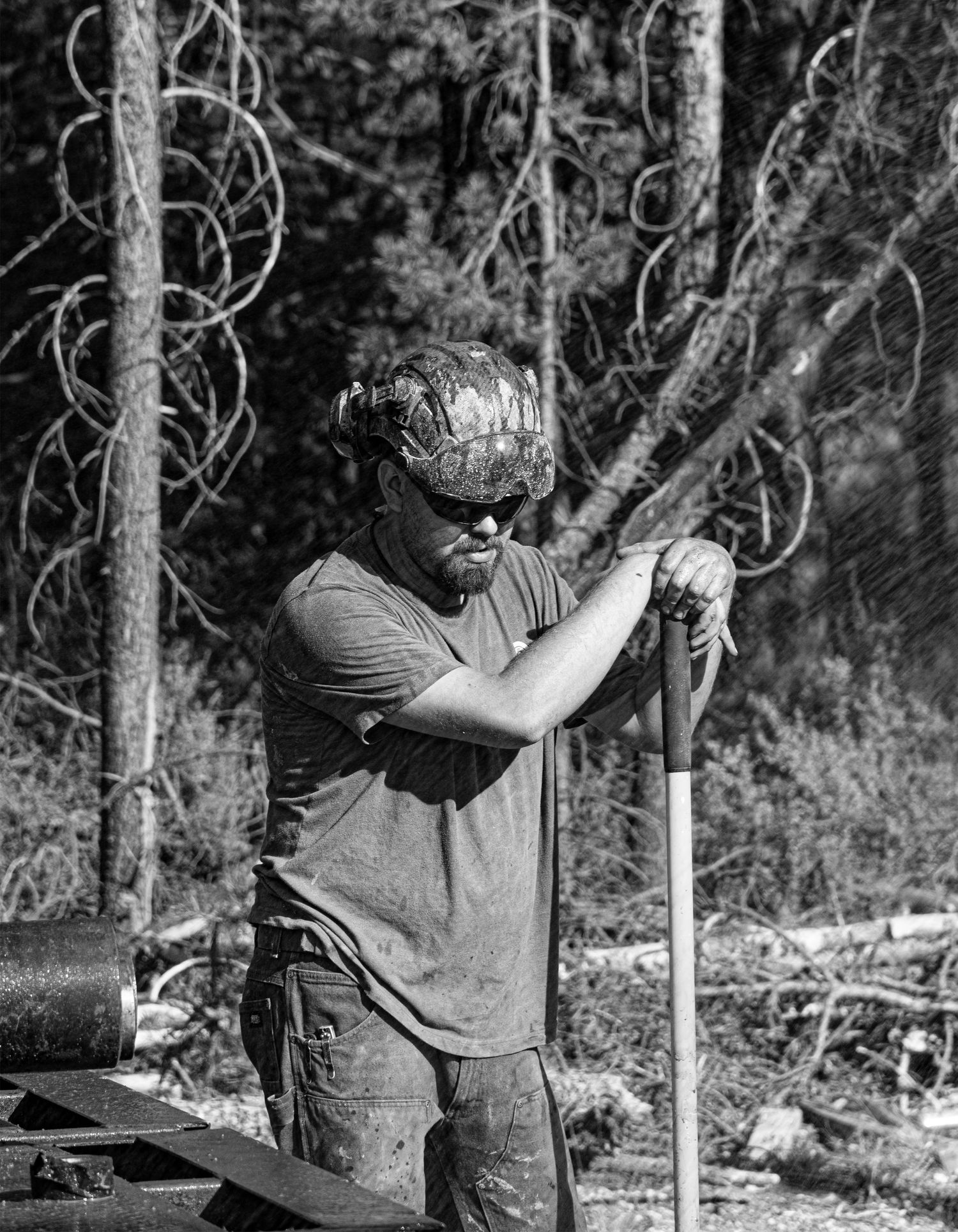 A person working with tools in a forest setting wearing protective gear and work clothes.