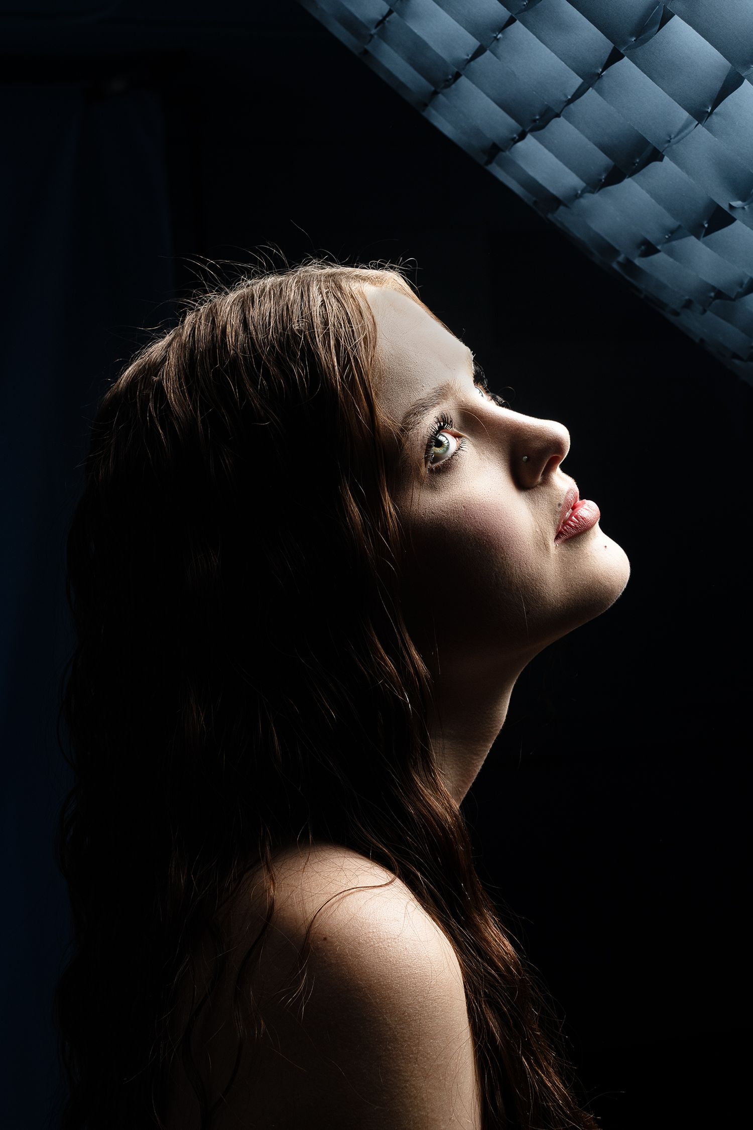A dramatic portrait series showing a person in profile against a dark background with dramatic lighting and shadows.