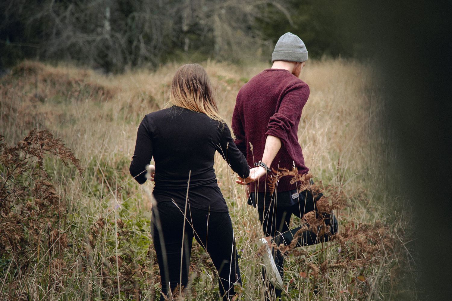 Two people walking through tall grass holding hands at dusk.