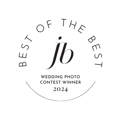 Black and white circular wedding photography contest winner badge with 'jb' logo for 2024.