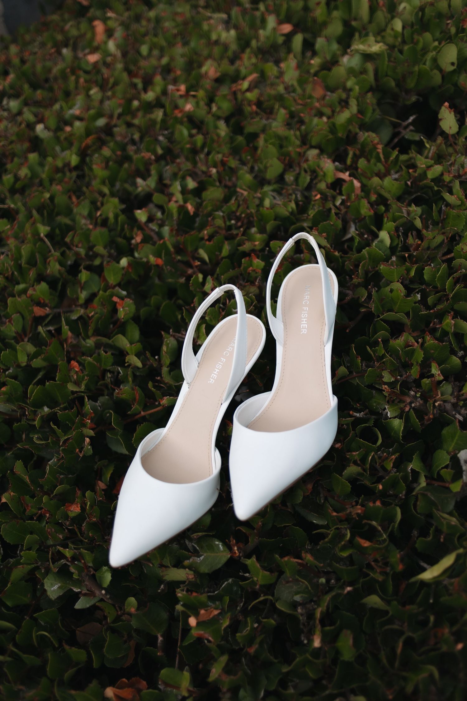 Six sequential photos show a pair of elegant white slingback heels arranged at different angles on a dark green hedge background.